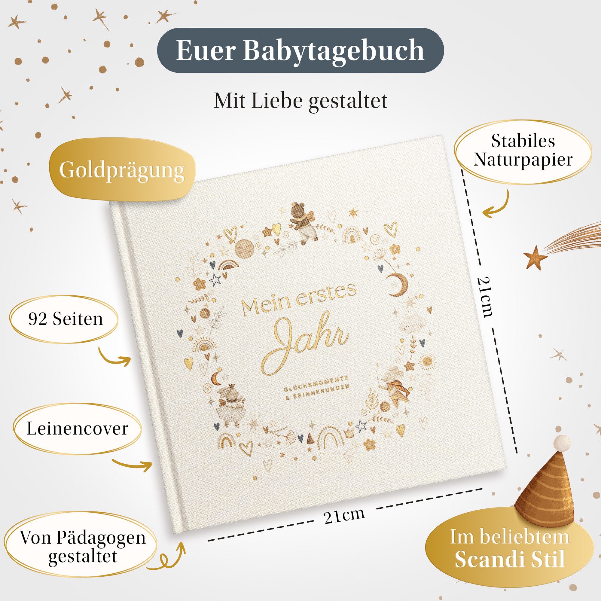 Eulentaler Tagebuch I Babyalbum mein erstes Jahr I Mit Leinen & Goldprägung, im Scandi Stil, mit handgemalte Illustrationen & allen Meilensteinen