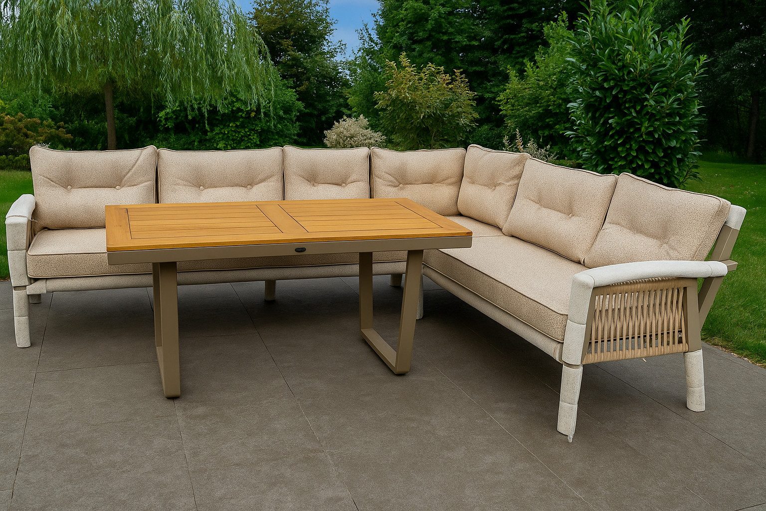 gowoll Gartenlounge-Set Premium Ecklounge mit Wetterfest Gartentisch Aluminium Möbelsets, (Sitz und Rückenkissen, Tisch mit 2x3 Sitzer und 2xStuhl), Armlehne aus Iroko-Holz