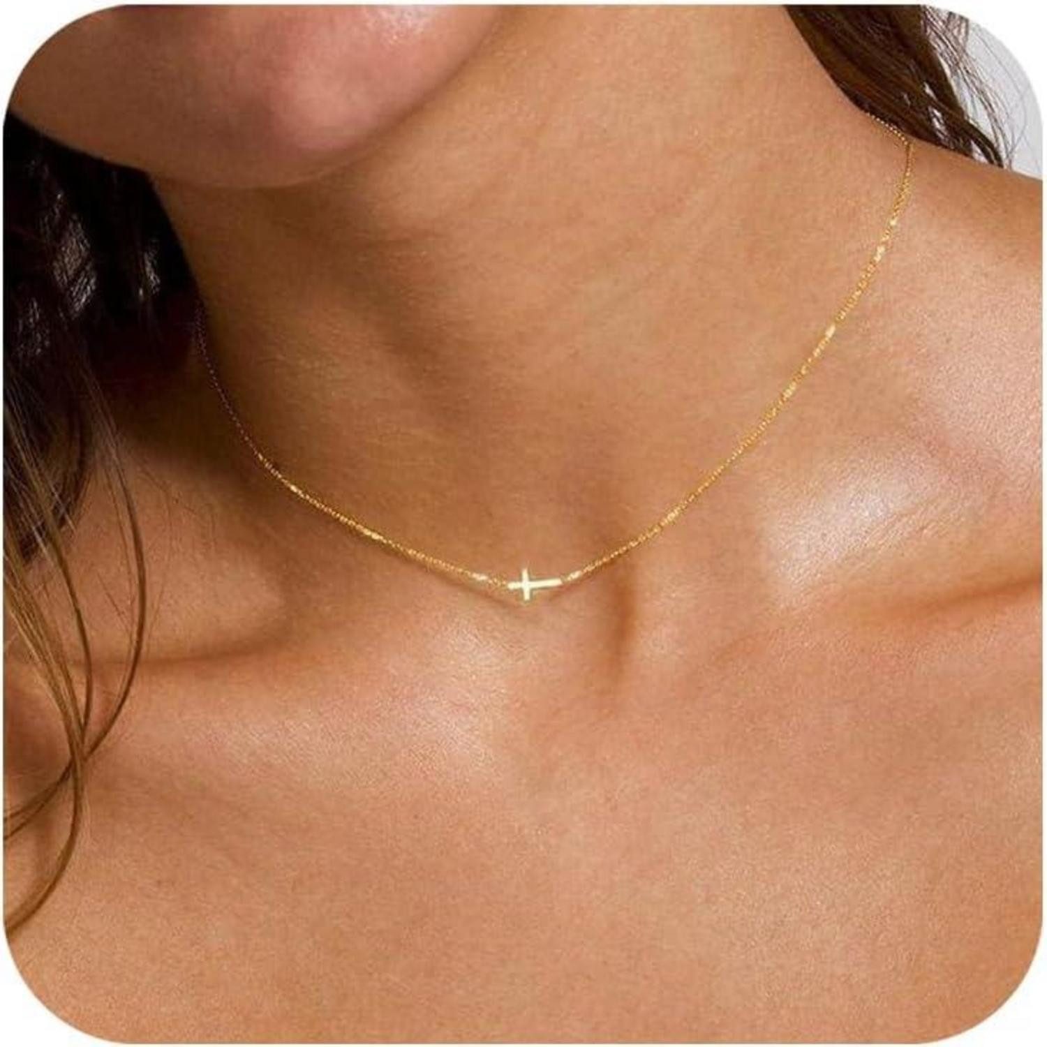 LuxusKollektion Kette und Anhänger Set Goldene Kreuz Kette Layered Halskette Damen 14K Gold Vergoldet