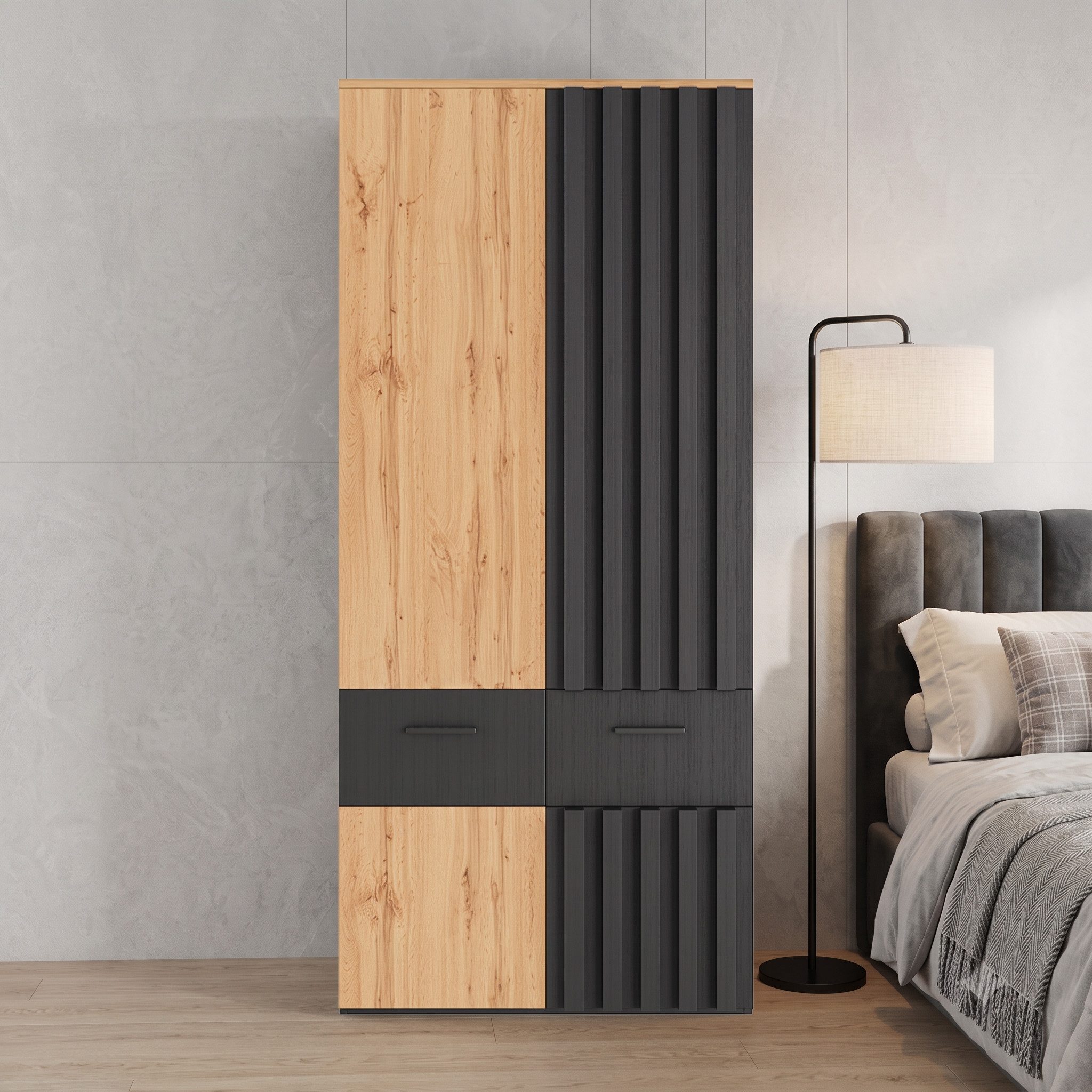 Fine Life Pro Garderobe Kleiderschrank 1er Set Lamellen 2 Schubladen, 90x50x200cm Weiß Schlafzimmer Wohnzimmer Büro