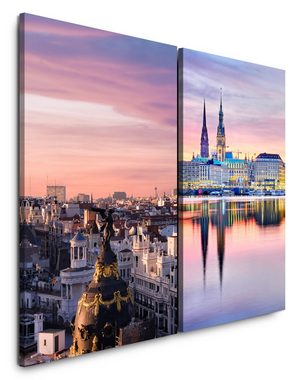 Sinus Art Leinwandbild 2 Bilder je 60x90cm Madrid Hamburg Altstadt Historisch Reisen Kirchen Türme