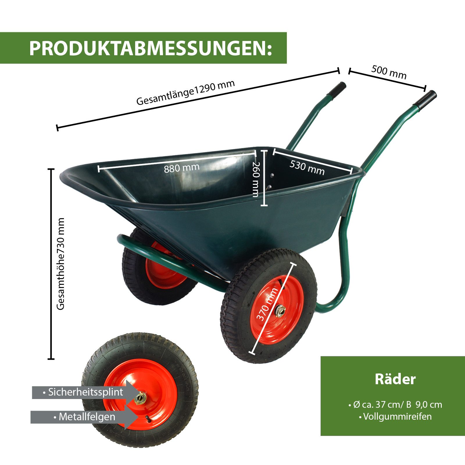 TRUTZHOLM Schubkarre 2-Rad Schubkarre 100L 160kg Gartenschubkarre Lufträder Stahlfelge, (Artikel), 100L,160kg