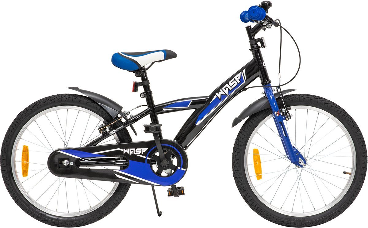 Actionbikes Motors Kids' Bike Wasp, 1-speed, no gears, (20 inch, from 115 cm height, max. load 40 kg, bell, reflectors, non-slip grips, kickstand, chain guard, 1-piece, V-brakes, pneumatic tires, mudguards, black/blue), height-adjustable bike for boys and girls, children's bike from 6 years