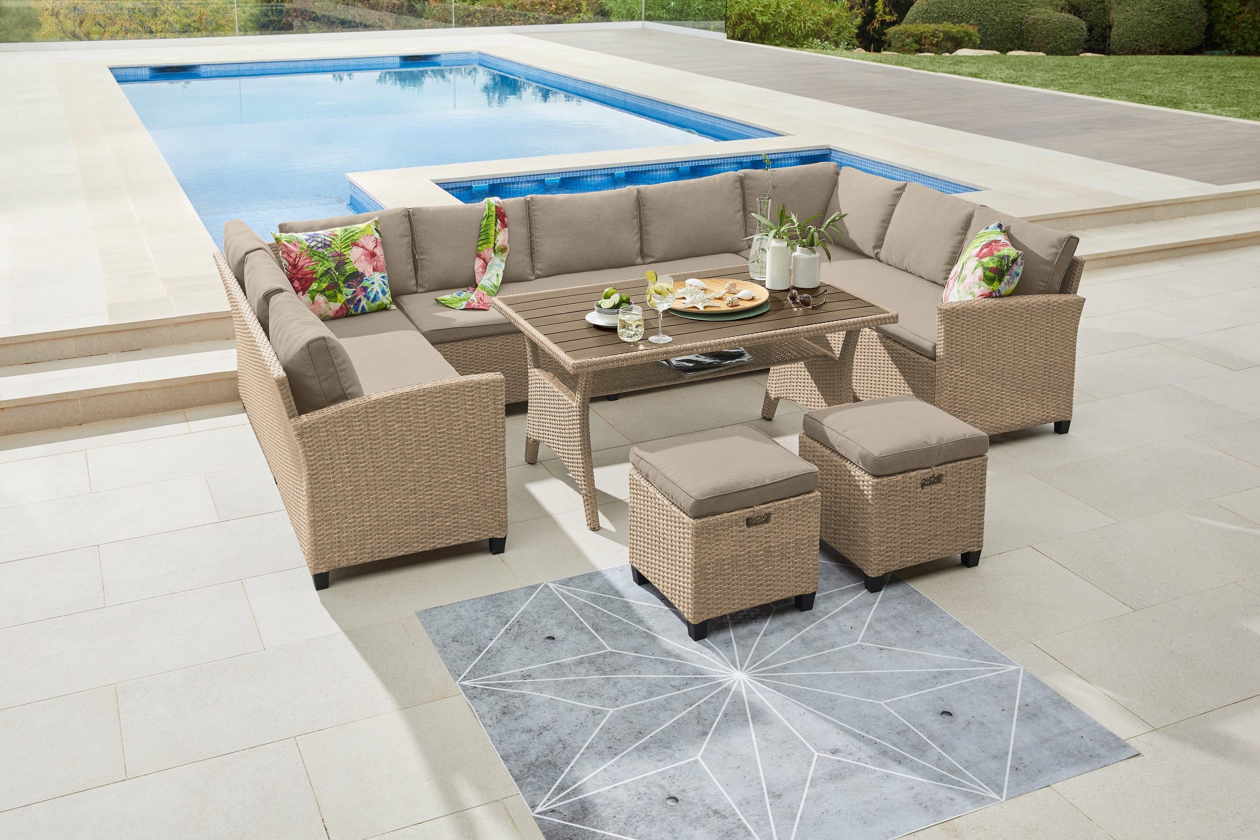 KONIFERA Gartenlounge-Set Rotterdam, (20-tlg), 3 Sofas, 2 Hocker, Tisch 120x82 cm, Polyrattan grau-beige | beige