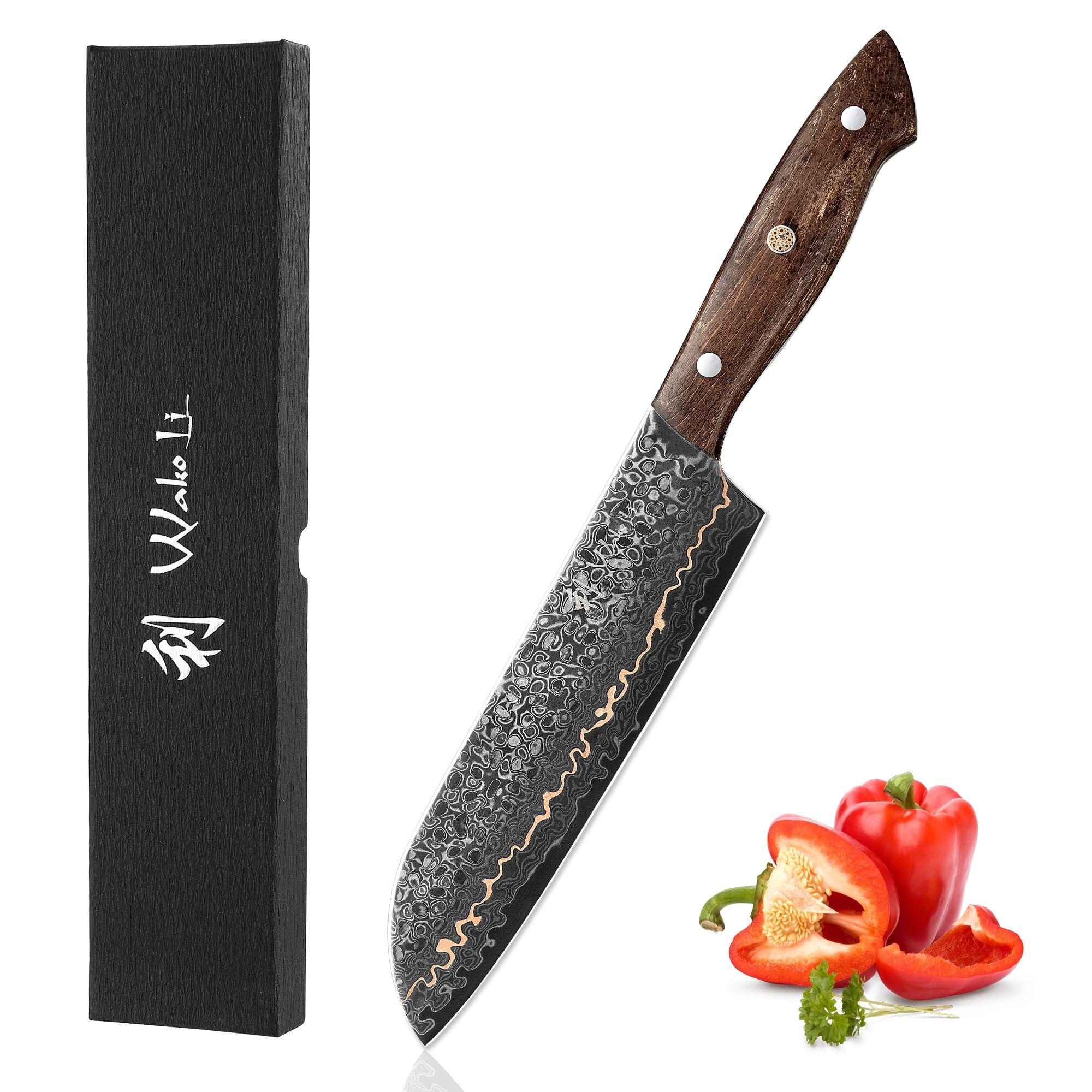 Wakoli Santokumesser Kawa Damast Santoku Küchenmesser 18 cm Klinge mit Kupfereinlage, Damaststahl, Kupfereinlage, VG10