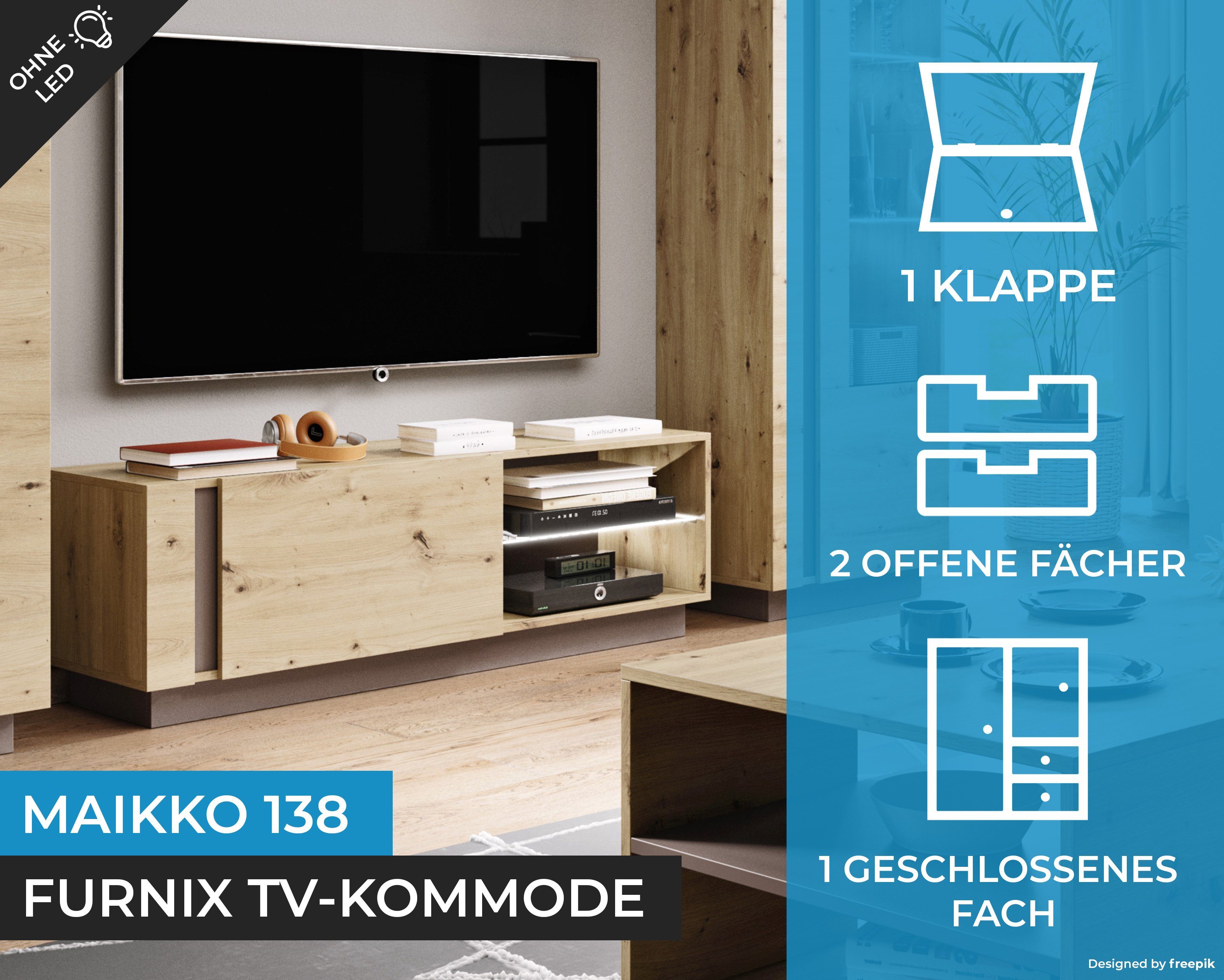 Furnix TV-Schrank LED x MAIKKO FURNIX in T40 ohne EU TV-Kommode 138 x Artisan/Graphit cm, Fernsehschrank H45 Glasregal, made Eiche B138