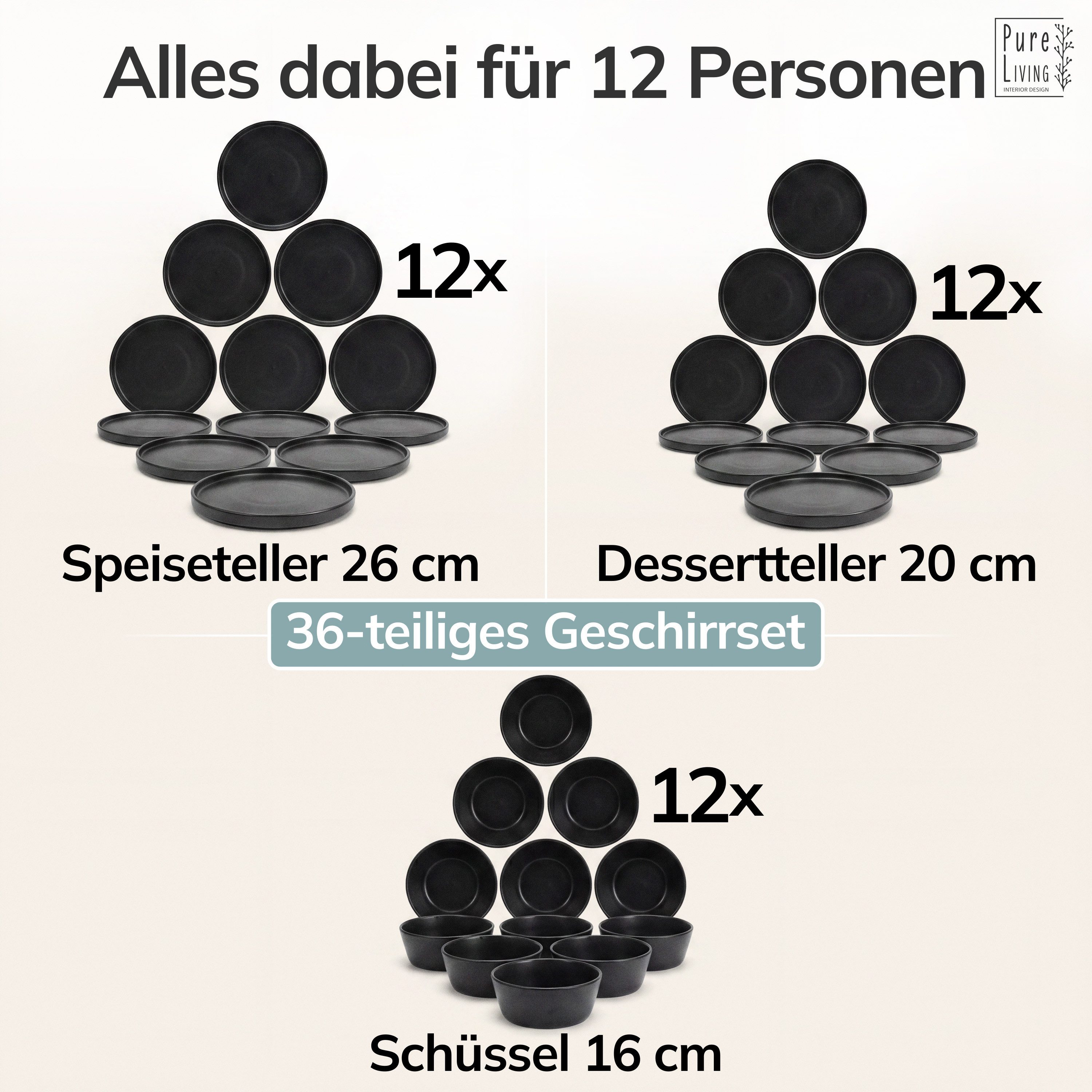 PURE LIVING INTERIOR DESIGN Geschirr-Set Manhattan aus Steingut, 36-tlg., für 12 Personen, Schwarz (36-tlg), 12 Personen, Steingut – Bild 5 von 5