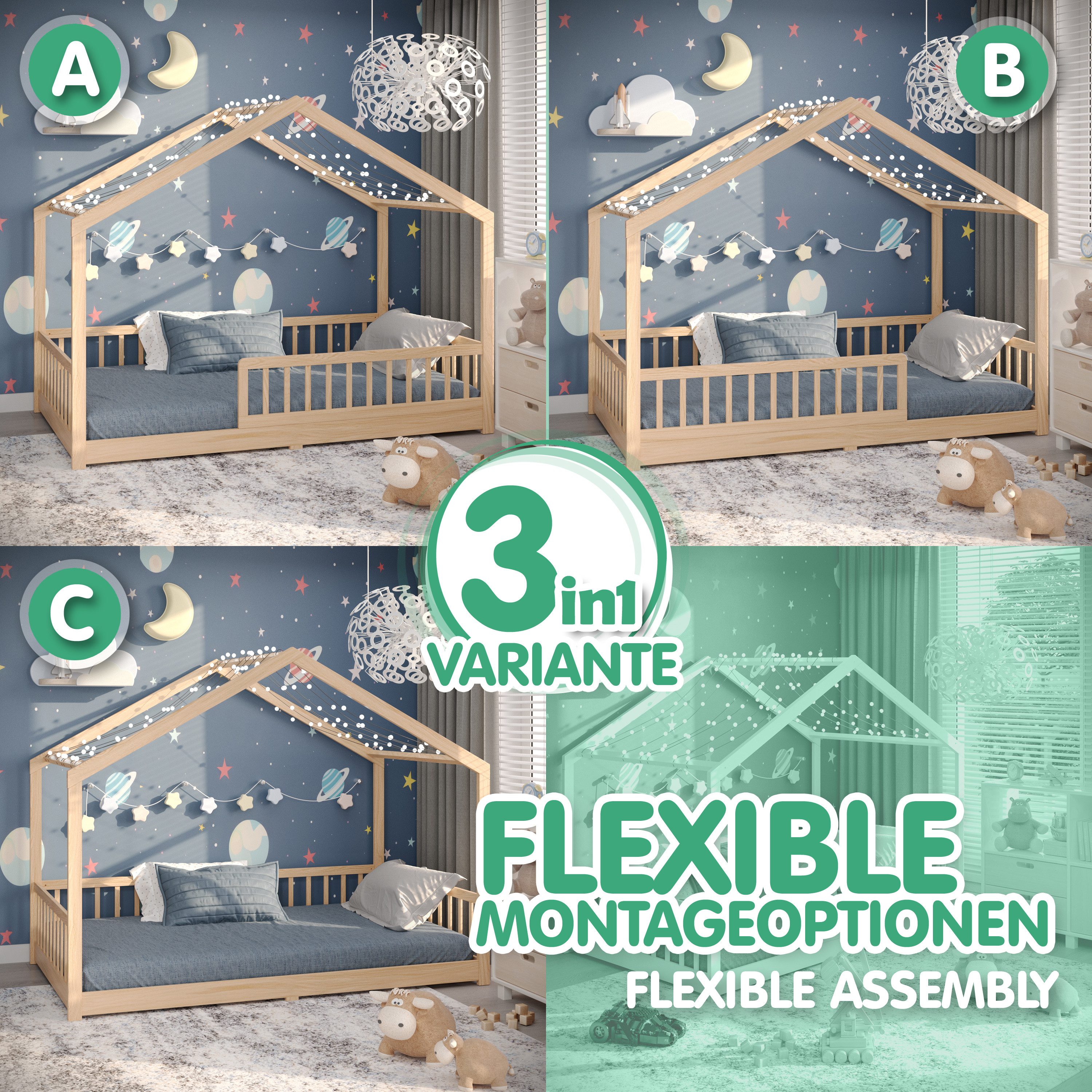 CADANI Kinderbett Malte Hausbett Bodenbett - Rausfallschutz abnehmbar - bis 200 kg (120x200 cm, Montessori Kinder- & Jugendbett aus Kiefer Massivholz), inkl. st – Bild 4 von 5