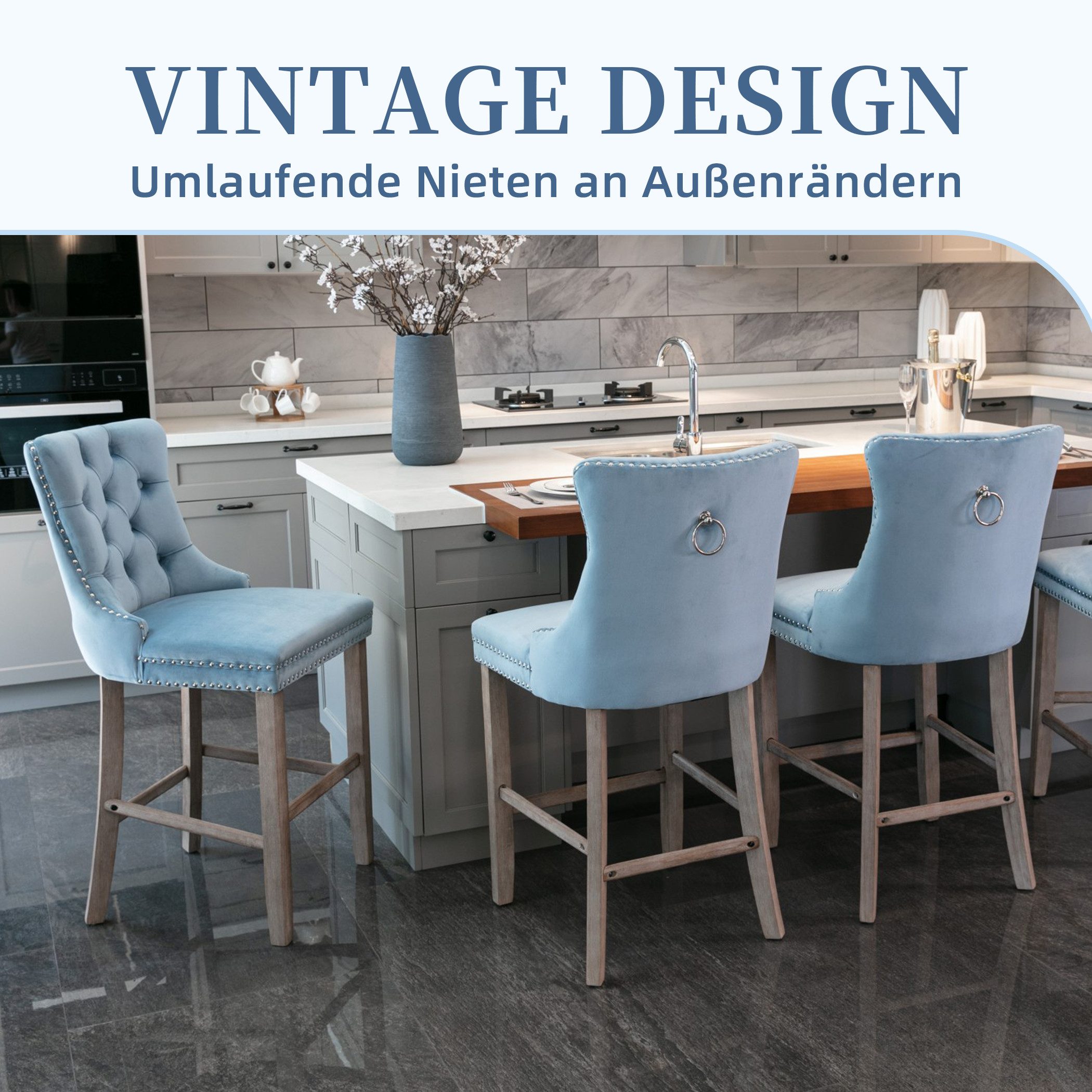 SeedWave Barhocker Mit Rückenlehne, 2er-Set Samt Barstuhl mit Verstellbaren Schrauben, Polsterhocker inkl. 4 Holzfüße mit Fußstütze, Nieten und Knopf-Design