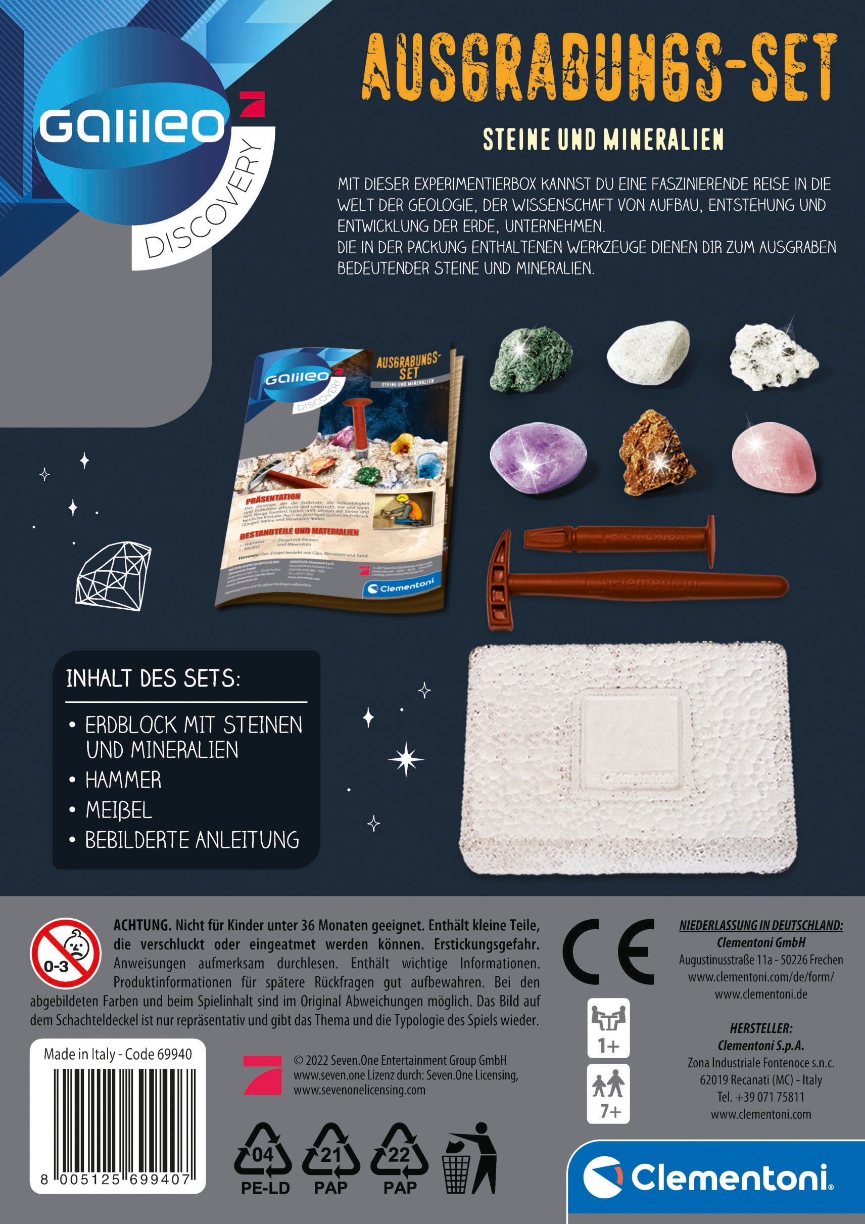 Clementoni® Experimentierkasten Galileo, Ausgrabungs-Set Steine und Mineralien, Made in Europe