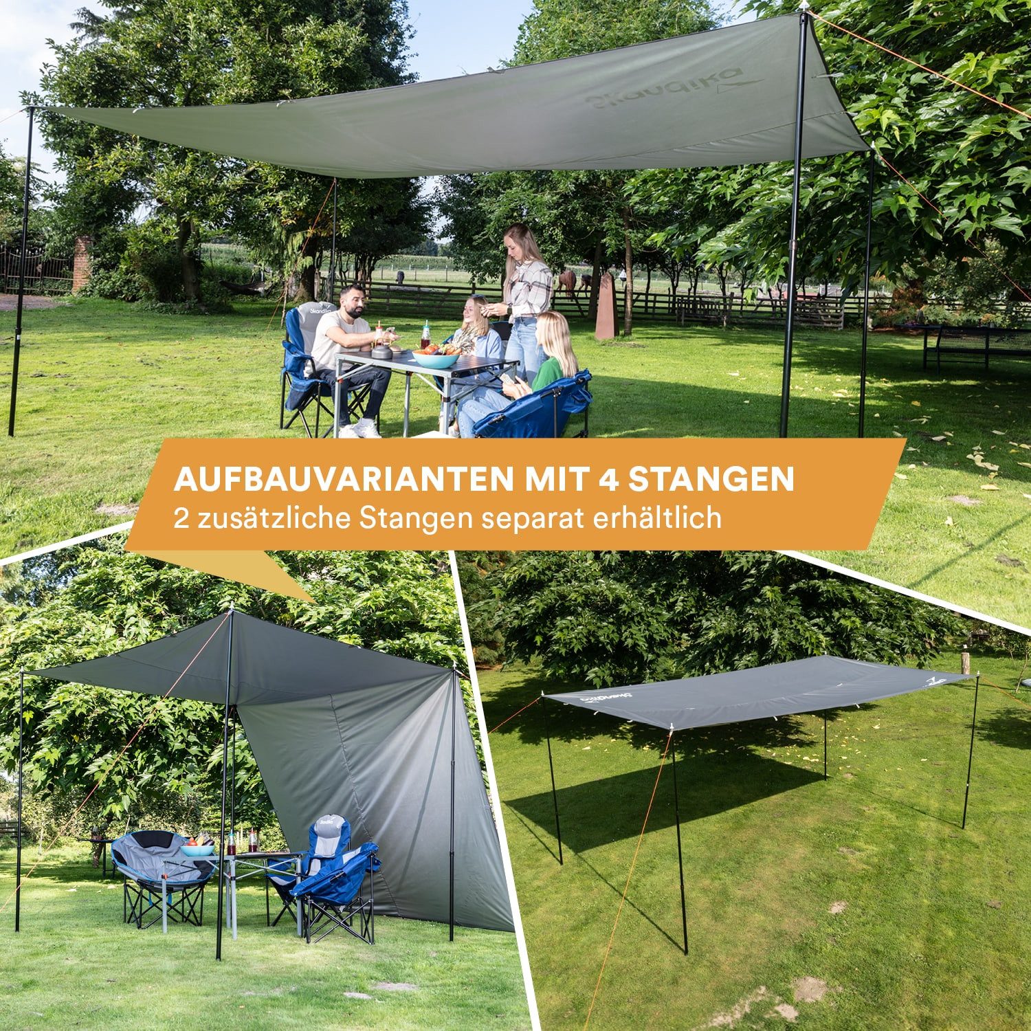 Skandika Sonnensegel XL 5 x 3 m + 2 Teleskopstangen, Sonnenschutz rechteckig, wasserdicht, (Abspannleinen und Bodennägel, versiegelte Nähte, Tragetasche), UPF 50+, 3000 mm Wassersäule, Heringe, Regenschutz für Campen, Garten