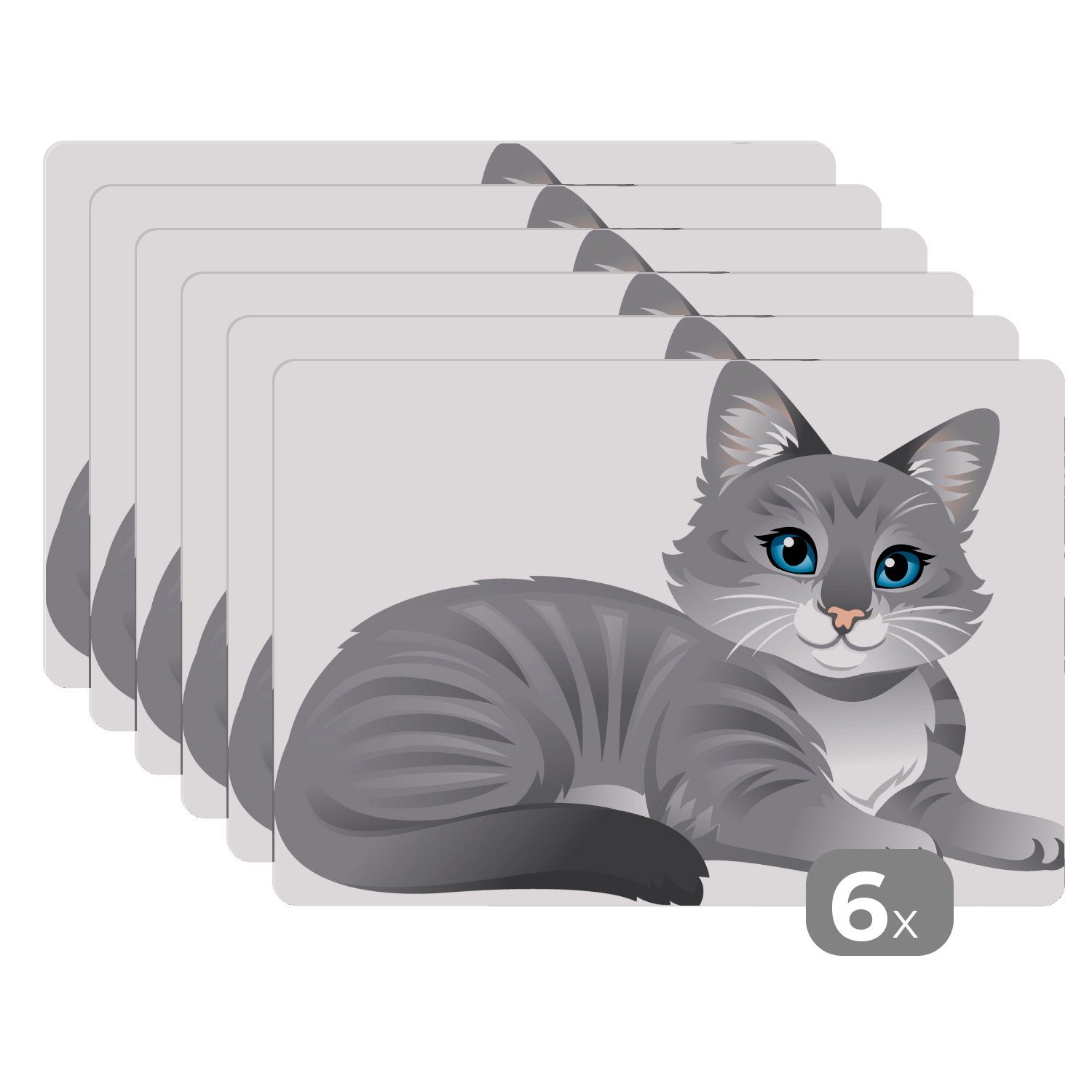 Platzset, Eine Illustration einer grauen Katze mit blauen Augen, MuchoWow, (6-St), Platzset, Platzdecken, Platzmatte, Tischmatten, Schmutzabweisend