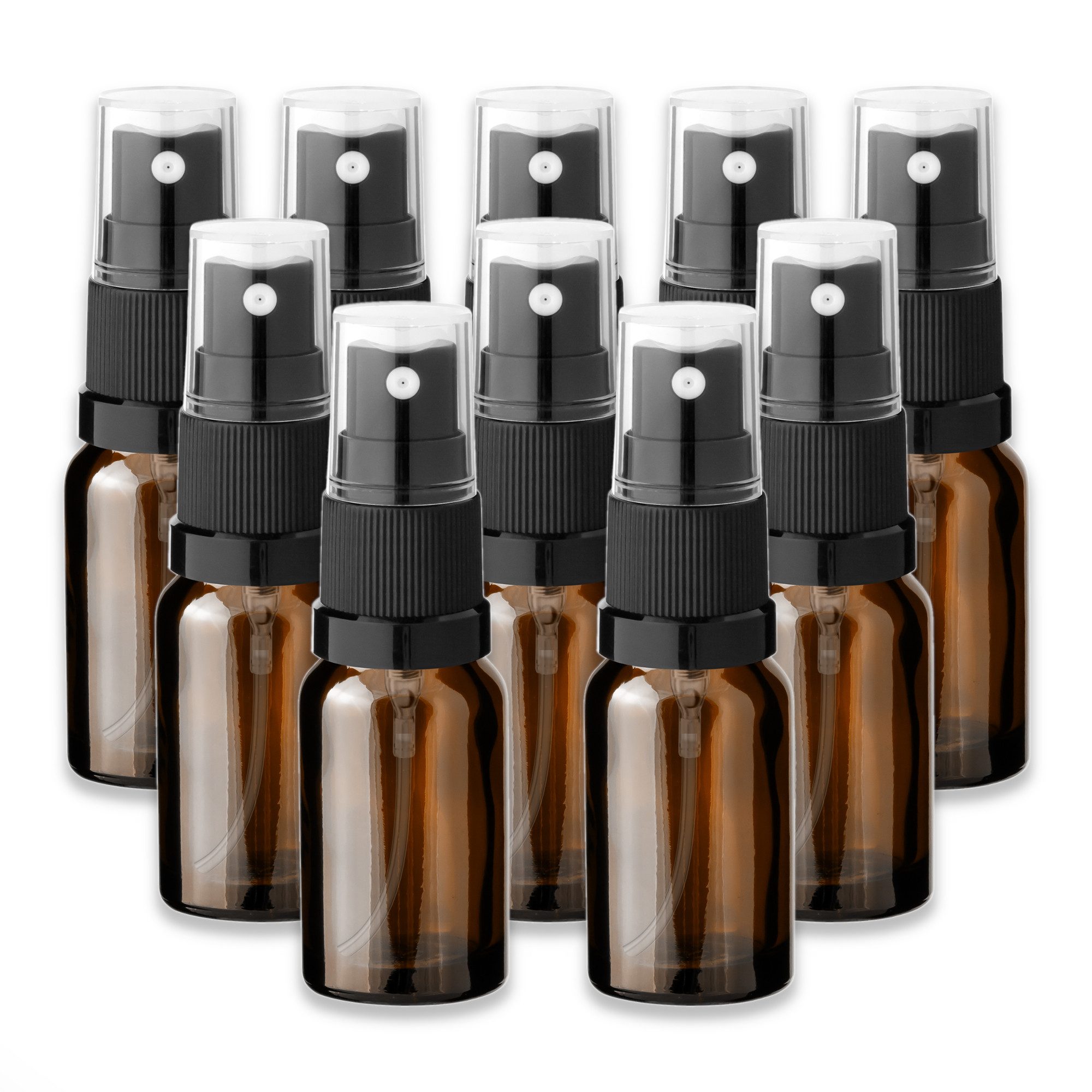 CK Verpackung GmbH Zerstäuberflasche 10x Braune Glasflasche 10 ml mit schwarzem Zerstäuber Sprühkopf Spray (Set x10)