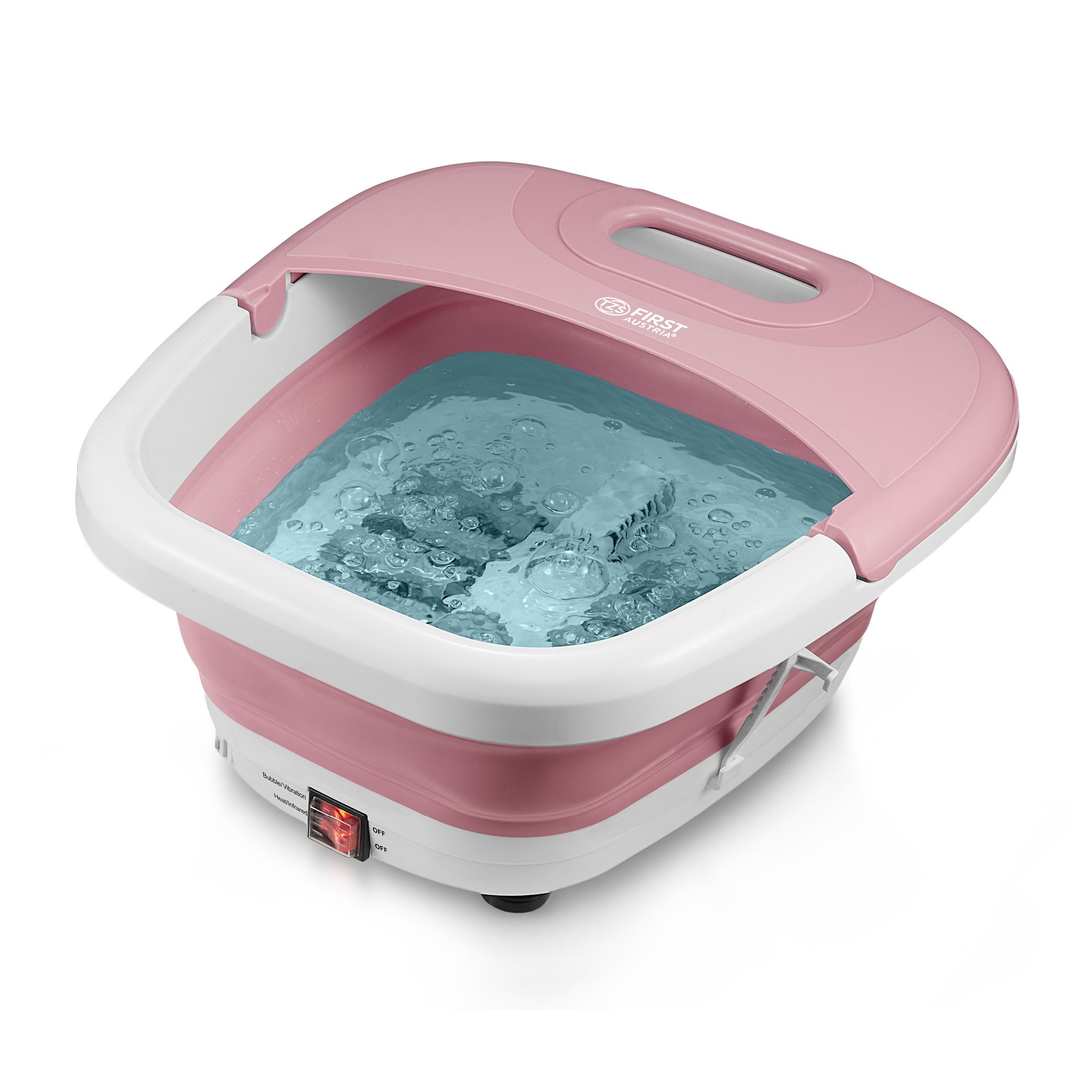 TZS FIRST AUSTRIA Fußmassagegerät mit Massagefunktion 500W, 3 Aufsätze & 8 Massagerollen, bis Größe 47, Vibrations- und Sprudelmassage, Rotlicht-LED & Heizfunktion, Klappbar