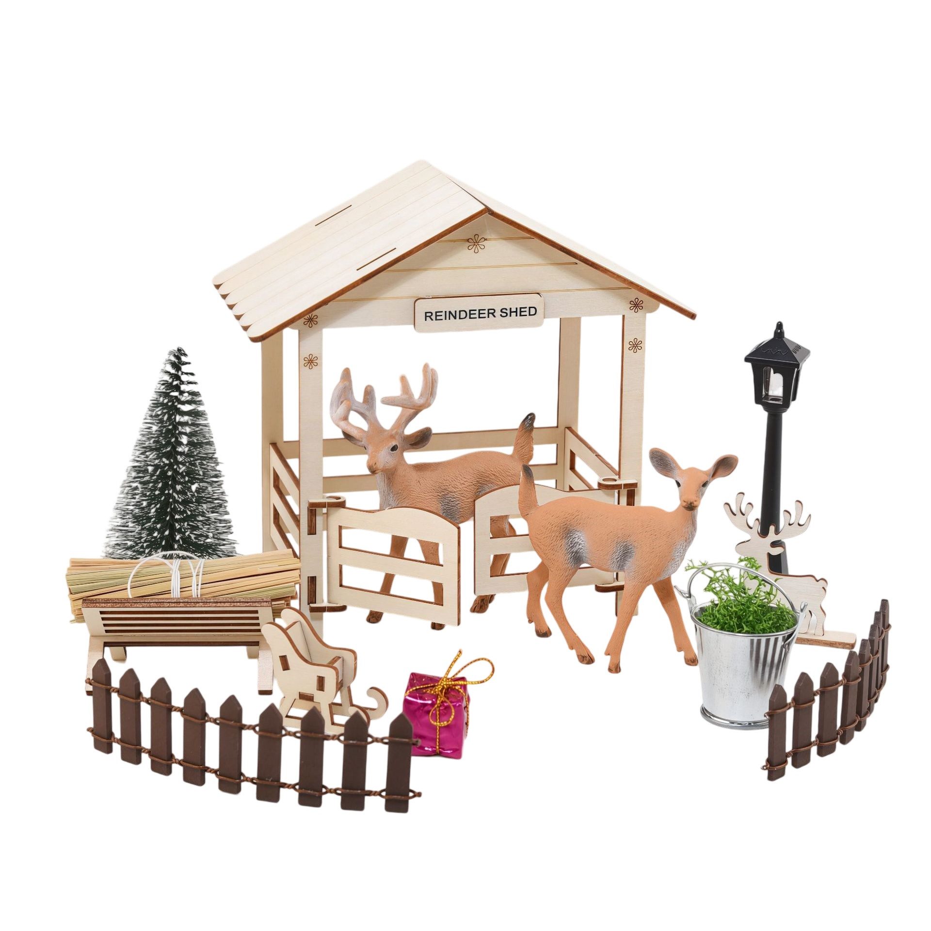 Bomiclss Dekofigur Wichteltür Zubehör 15-tlg. Set Weihnachten Miniatur Wichtel Deko (15 St), Mit Rentier, Weihnachtsbaum, Straßenlaterne und Gartenwerkzeug