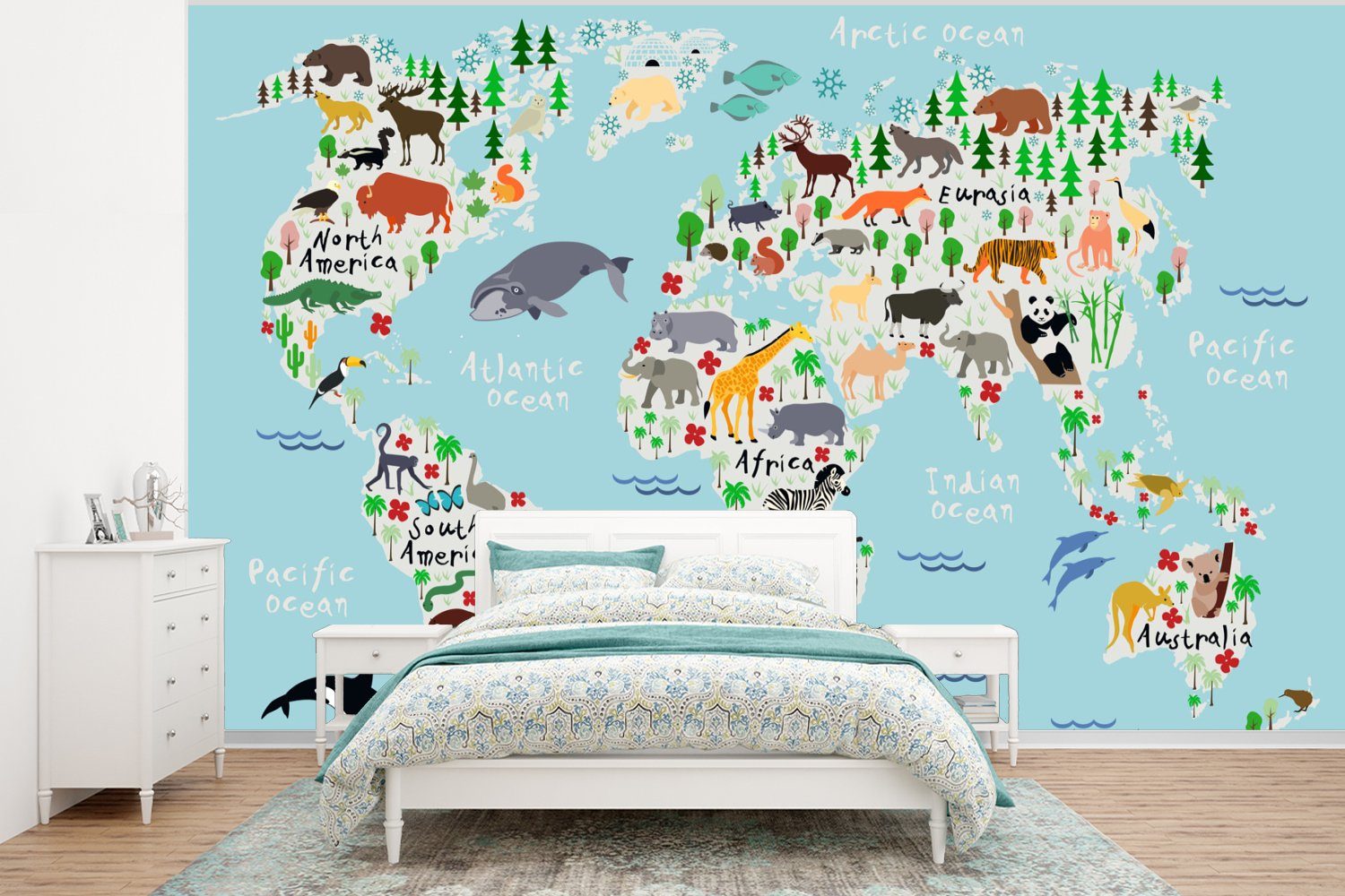 MuchoWow Fototapete Welt - Karte - Wohnzimmer, Tiere bedruckt, Kinderzimmer, Wallpaper für Blau St), Schlafzimmer, - - Jungen, Vinyl Matt, (6 Tapete Kinder 
