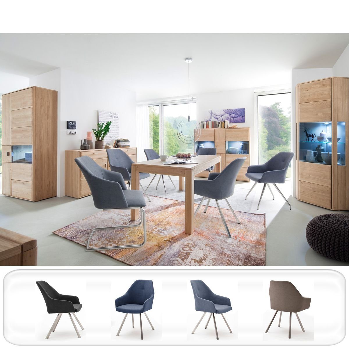 expendio Wohnzimmer-Set Torrent 140, (Spar-Set, 9-St), Eiche bianco montiert LED + 4x Stuhl A1 Kunstleder graublau