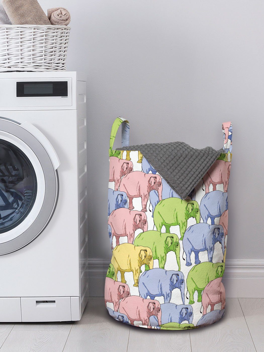 mit Wäschekorb Elefant Waschsalons, für Großwild Kordelzugverschluss Griffen Wäschesäckchen Malerei Abakuhaus