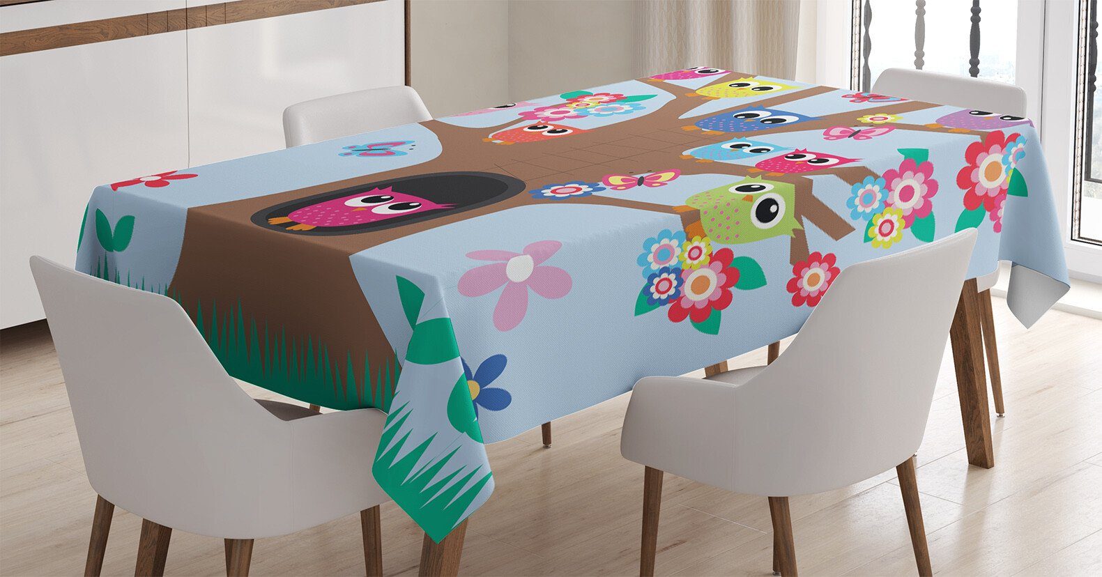 Abakuhaus Tischdecke Farbfest Waschbar Für den Außen Bereich geeignet Klare Farben, Eule Vögel und Schmetterlinge