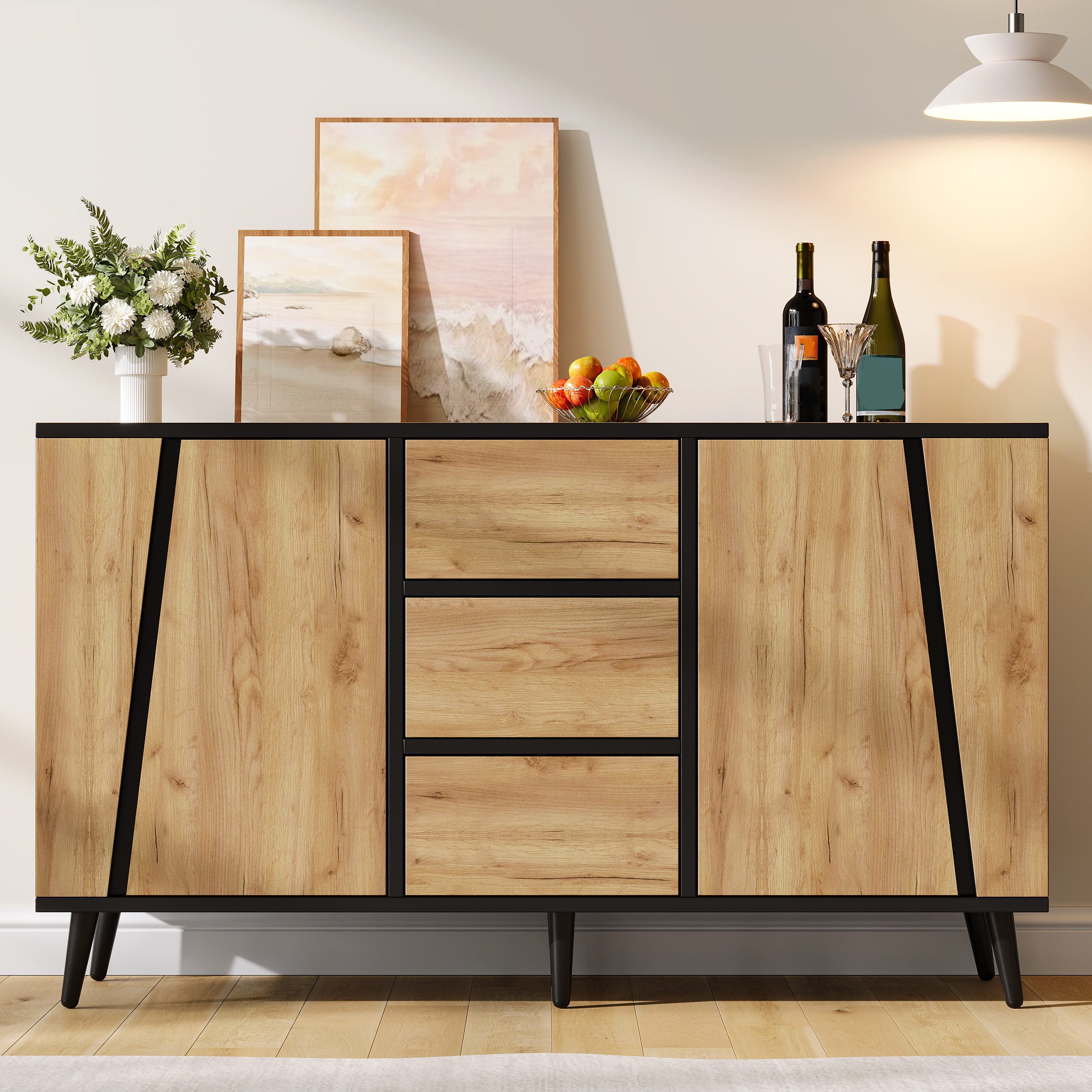 Merax Sideboard mit 2 Türen, 3 Schubladen & 2 verstellbare Einlegeböden (120 x 40 x 70 cm, 1 St), Küchenschrank Kommode Buffetschrank …