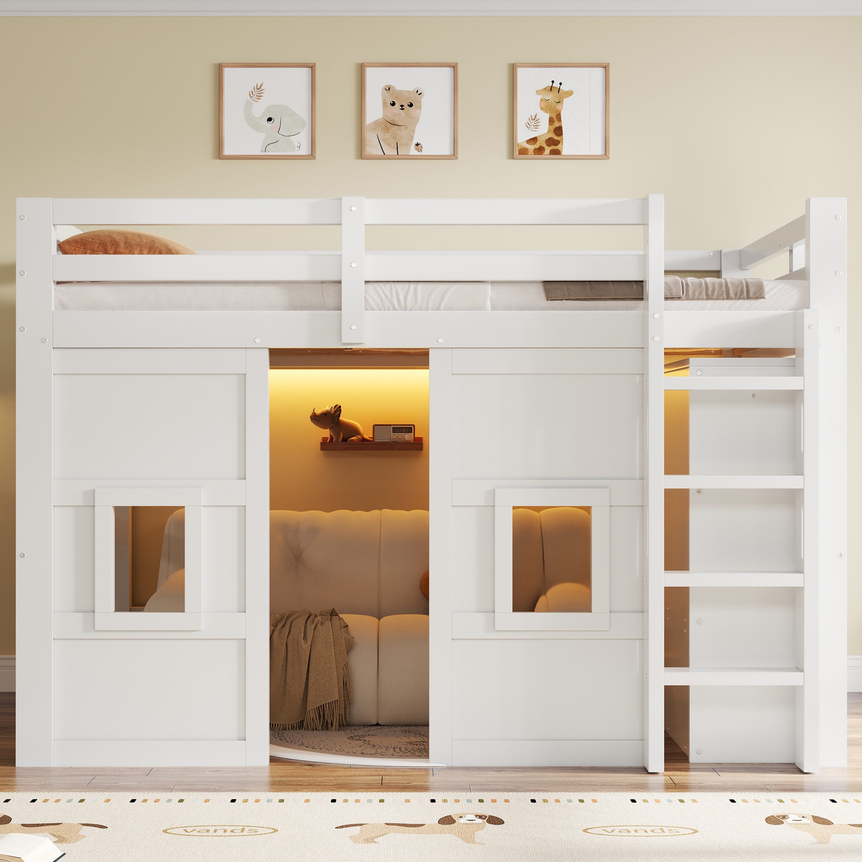 Merax Hochbett mit LED-Beleuchtung (1-St) Kiefernholz Kinderbett 140x200cm mit Kleiderschrank, 2 Fenstern,Leiter – Bild 2 von 5