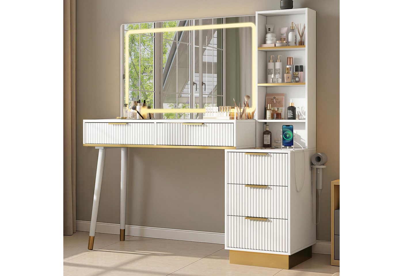AMERLIFE Schminktisch Schminktisch 122cm Weiß-Gold mit LED-Spiegel und Glasplatte, Integrierte Ladestation, viel Stauraum & modernes Design