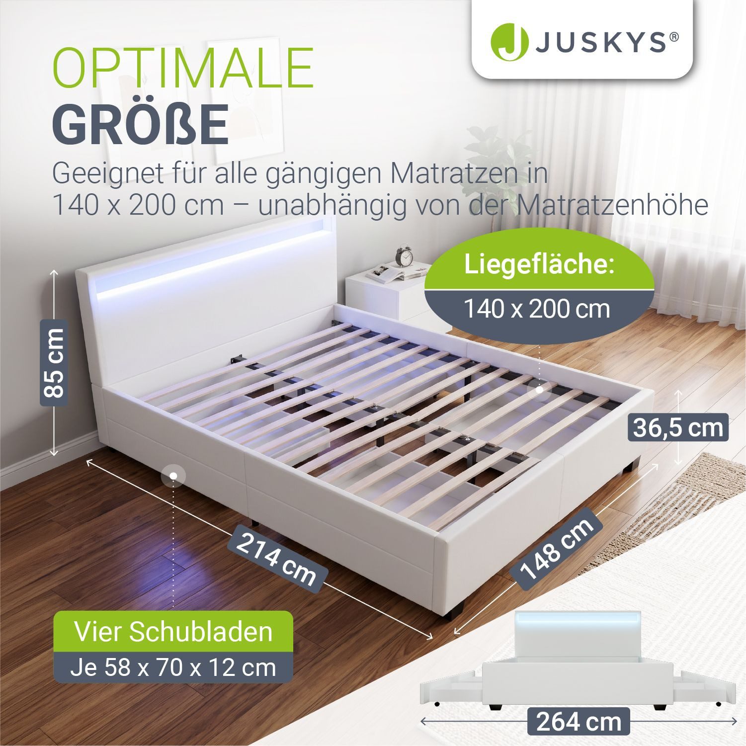 Juskys Polsterbett Lyon mit Matratze, 140x200 cm, ausziehbare Bettkästen, LED-Licht, inkl. Matratze – Bild 5 von 5