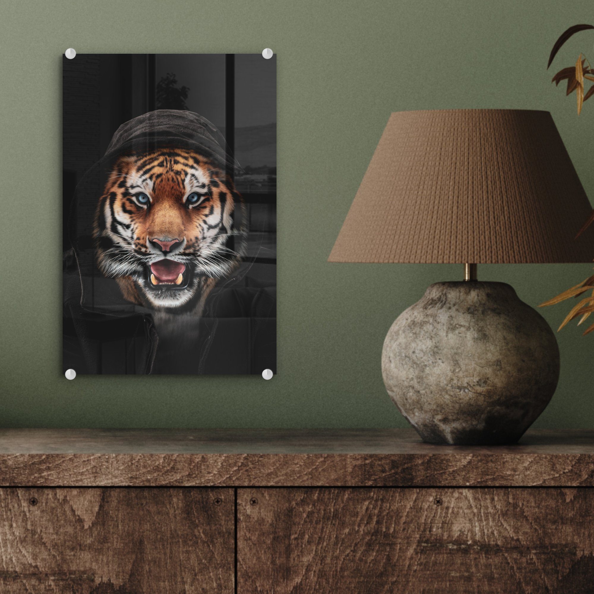 Acrylglasbild St), Glas - bunt Wandbild Blau, (1 - - auf Glas - Foto auf Glasbilder Bilder Tiger - Wanddekoration Schwarz MuchoWow