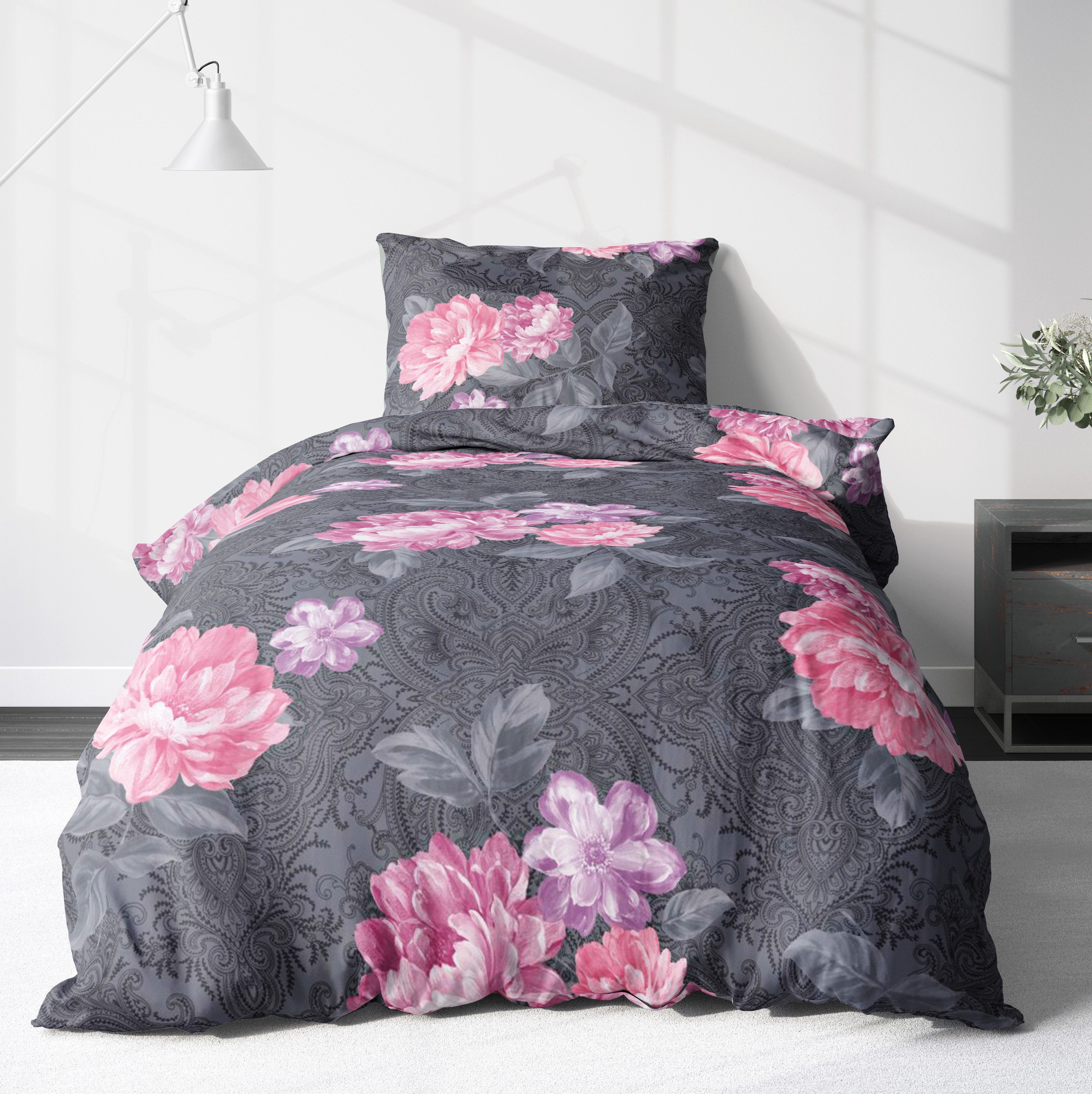 LINKHOFF Bettwäsche Biber Bettwäsche 135x200cm, Anthrazit Rosa, Blumenmuster, Flauschige Blumen-Bettwäsche, Floral, Mit Reißverschluss, Rosen