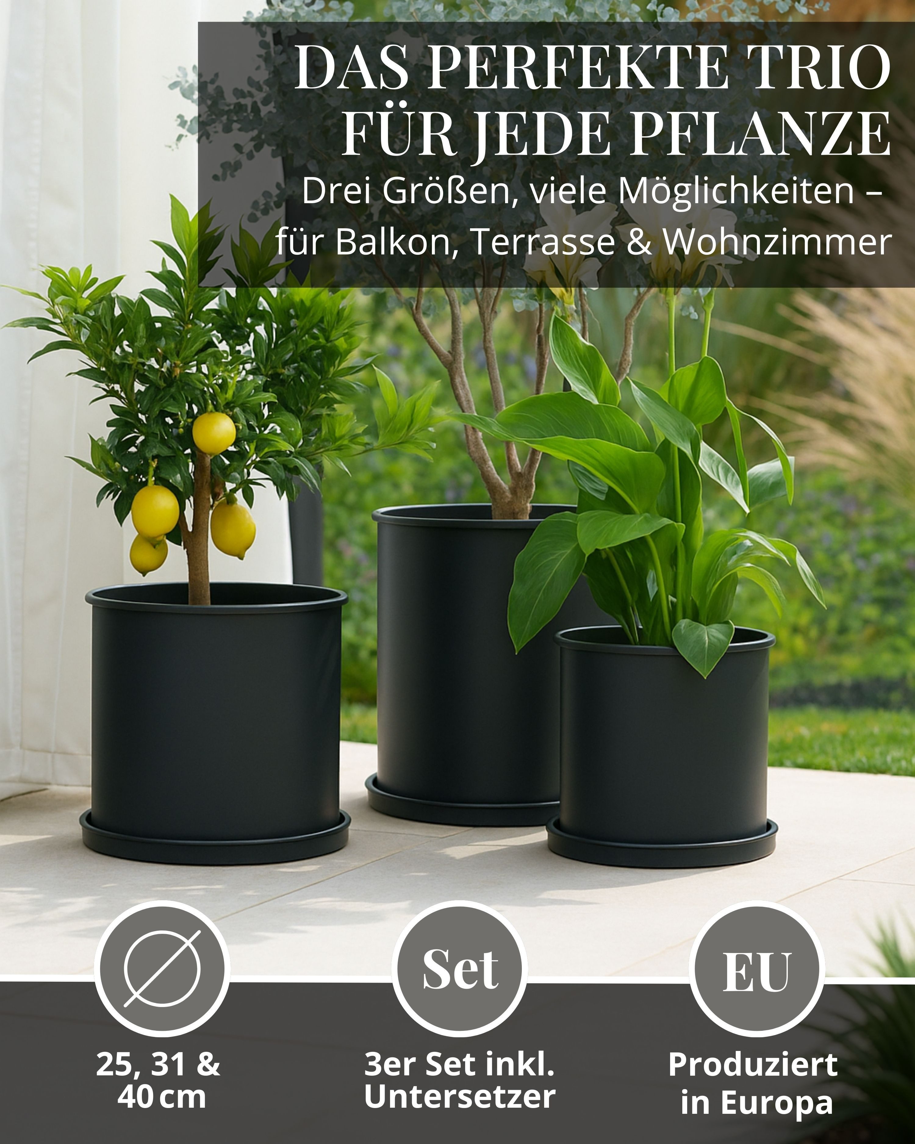 LIVLIG Pflanzkübel Blumentopf mit Untersetzer groß draußen, Übertopf für Pflanzen (3er-Set), Ø 25 cm, 30 cm & 40 cm
