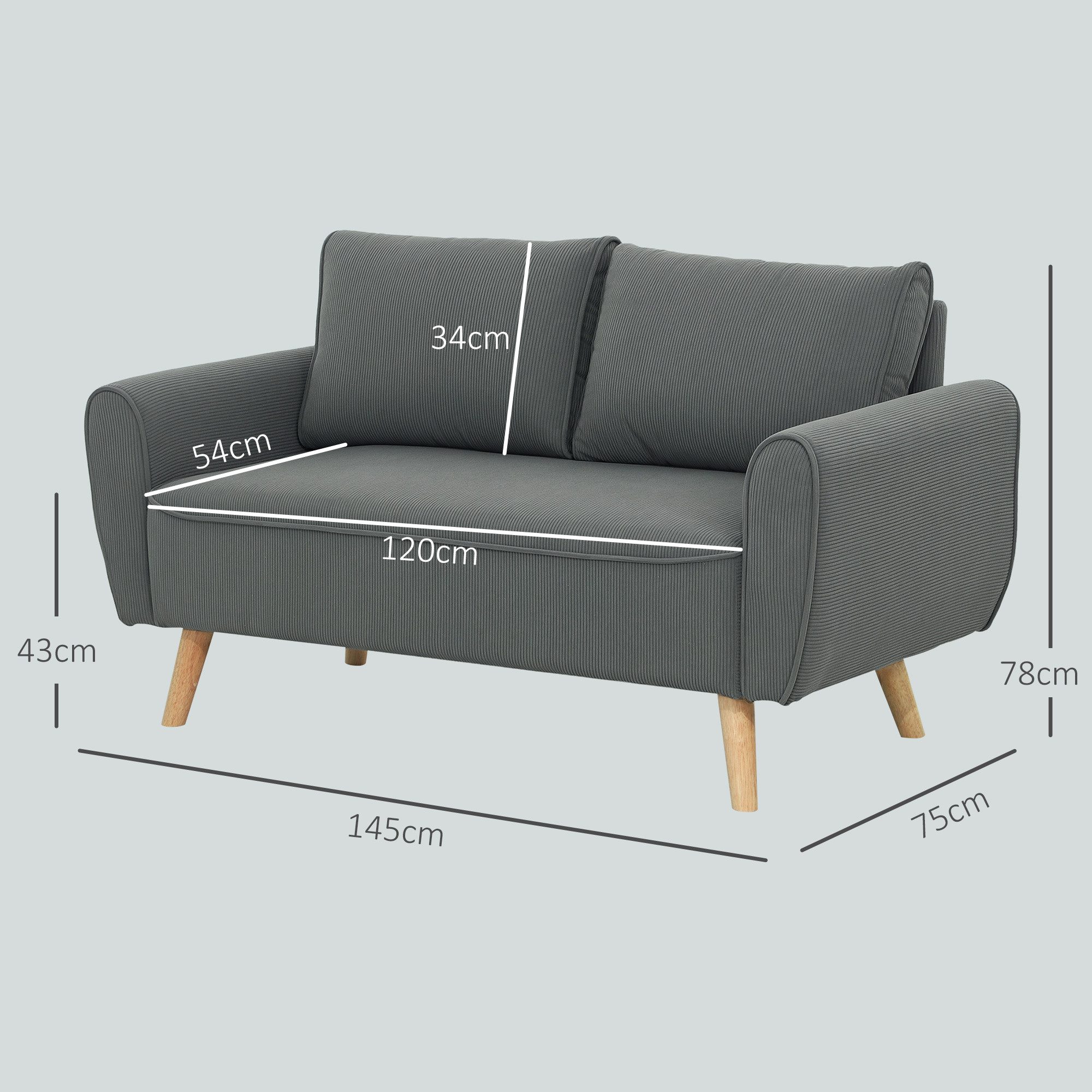 HOMCOM 2-Sitzer Polstersofa mit 54cm extra tiefen Sitzen,mit Holzrahmen 2er Couch, Doppelsofa 1 Teile, für Wohnzimmer Schlafzimmer Büro, 145 x 75 x 78 cm, Dunke – Bild 3 von 5