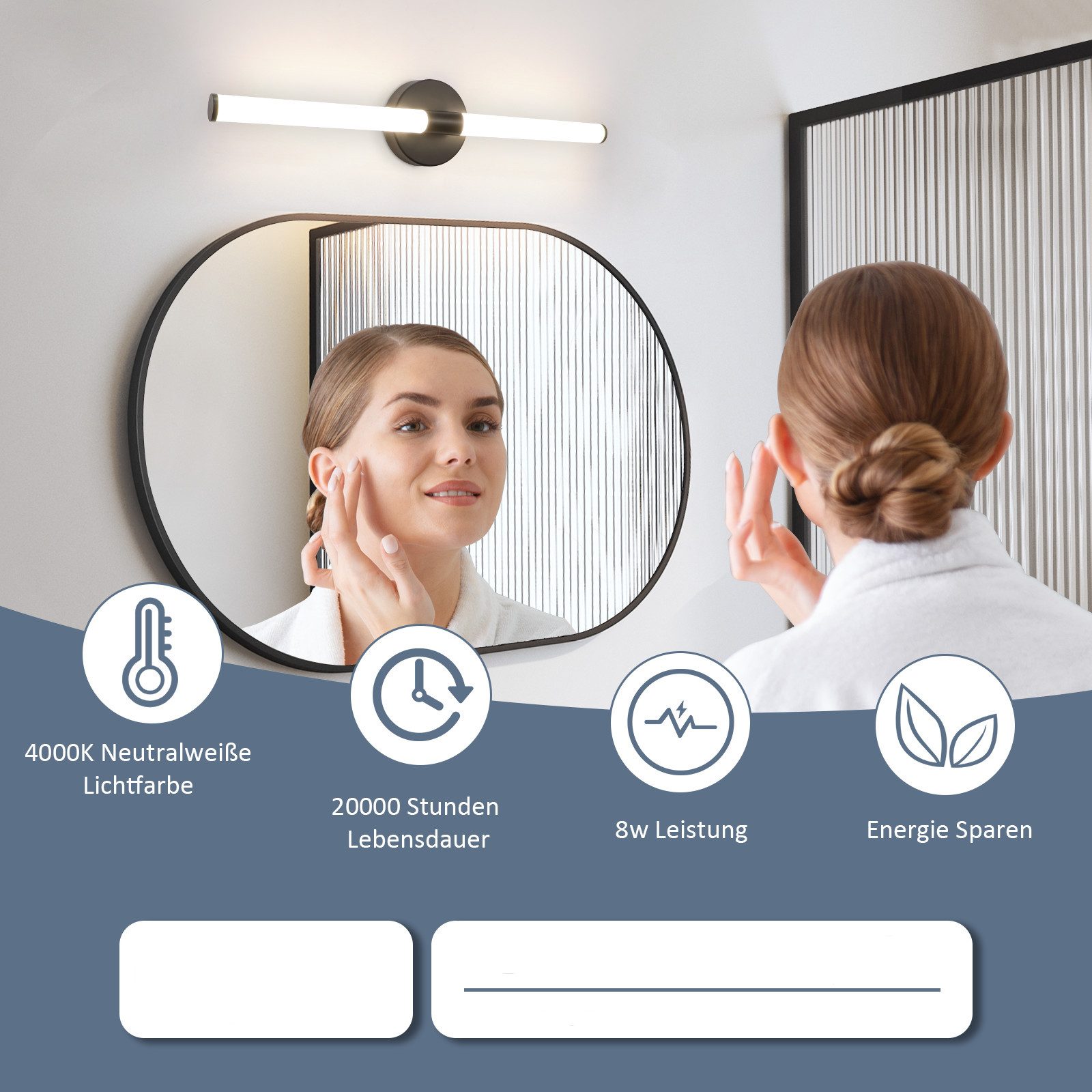 ZMH LED Spiegelleuchte 60CM lampe LED-8W 4000K Modern Wandleuchte für Keller Küche, LED fest integriert, Neutralweiß, LED-zimmerleuchte mit angenehmem Licht sch – Bild 4 von 5