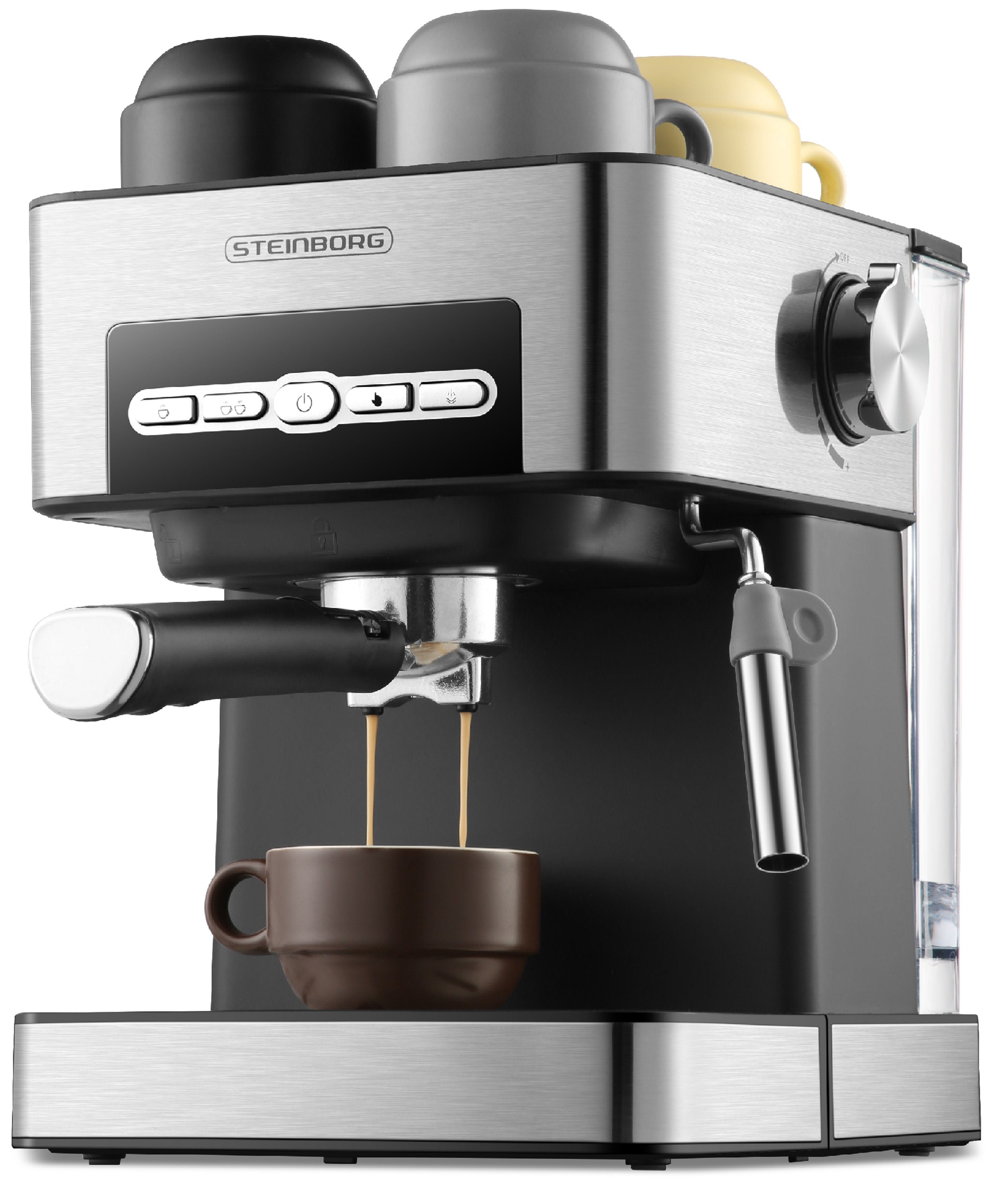 STEINBORG Espressomaschine SB-6040, Edelstahlfilter, Edelstahl Design, 15 bar, Milchaufschäumer