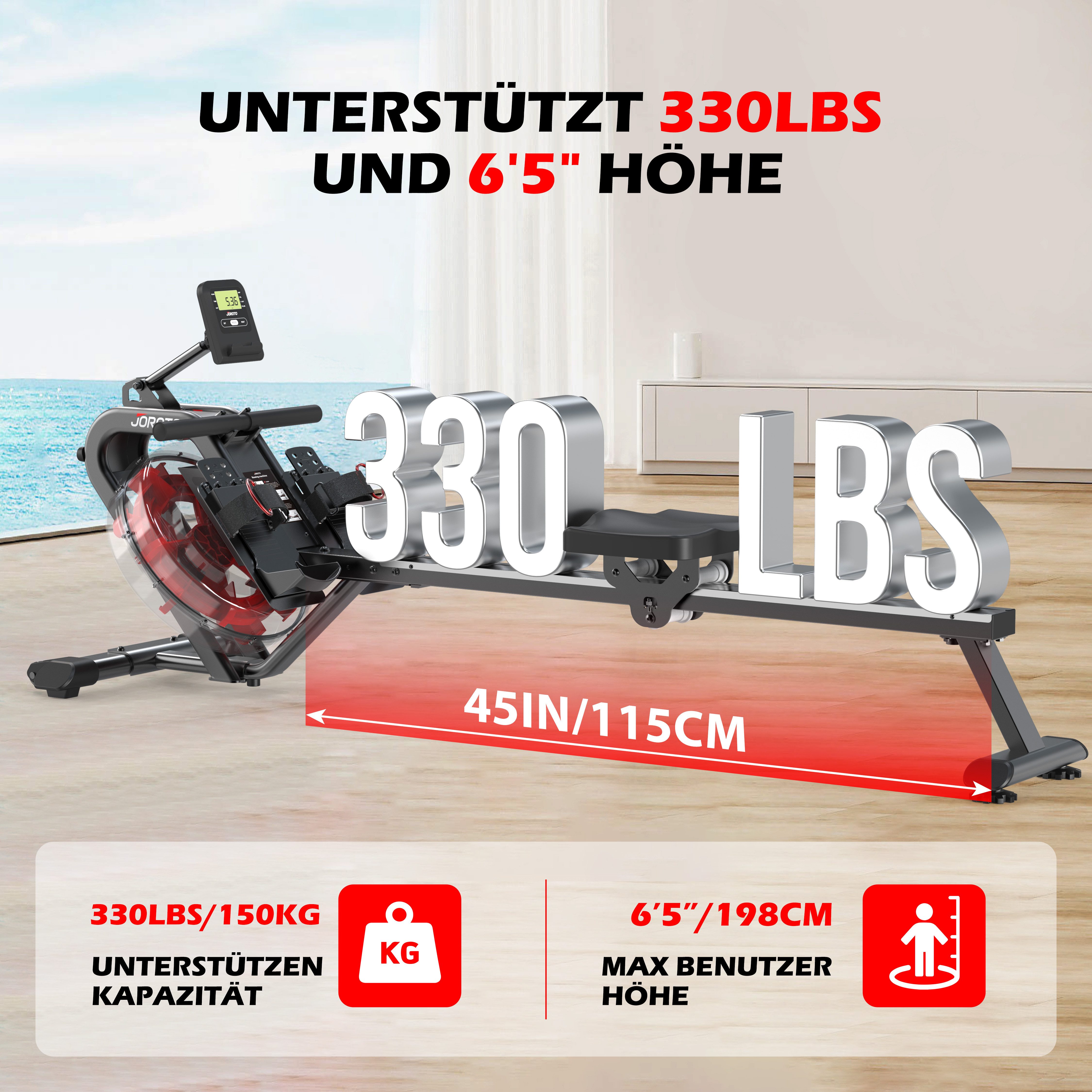 JOROTO Rudergerät MR23 & MR26 Wasser Rudergerät für zu Hause, 150 kg Belastbar, 30 Tage Kinomap APP-Mitgliedschaft