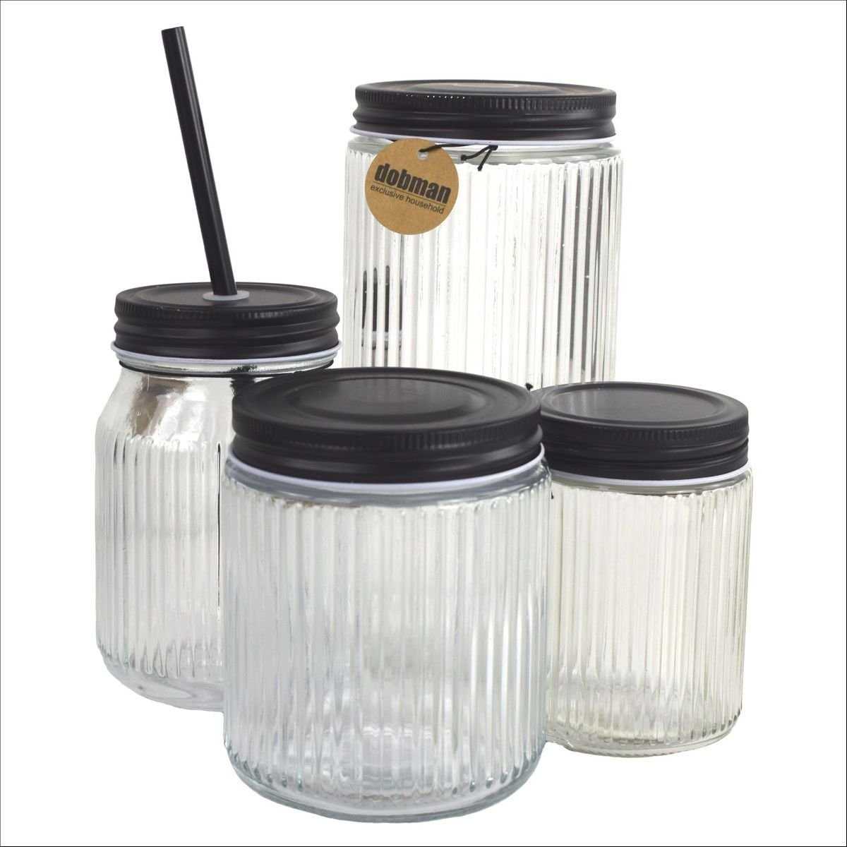 Marabellas Shop Vorratsglas Trinkglas und 3x Vorratsgläser als Gläserset in Schwarz / Transparent, Glas, Metall und Kunststoff, gestreifte Glas-Optik