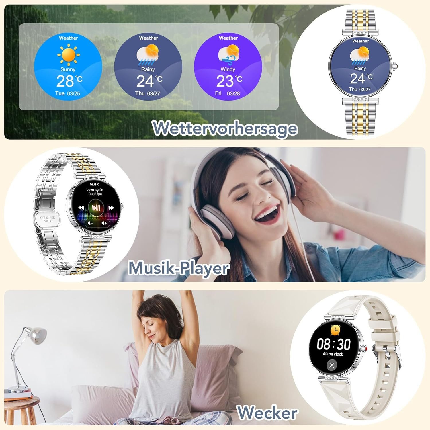 CIVO i226 Smartwatch (2,9 cm, android ios), Damen Smartwatch mit 1.19" AMOLED Display, 2 Armbändern