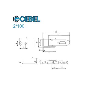 GOEBEL GmbH Kastenriegelschloss 5543022100, (25 x Spannverschluss mit Verschlussvorrichtung 2/100 Kappenschloss, 25-tlg., Kistenverschluss - Kofferverschluss - Hebel Verschluss), gerader Grundtplatte inkl. Gegenhaken Stahl verzinkt selbstschliessend