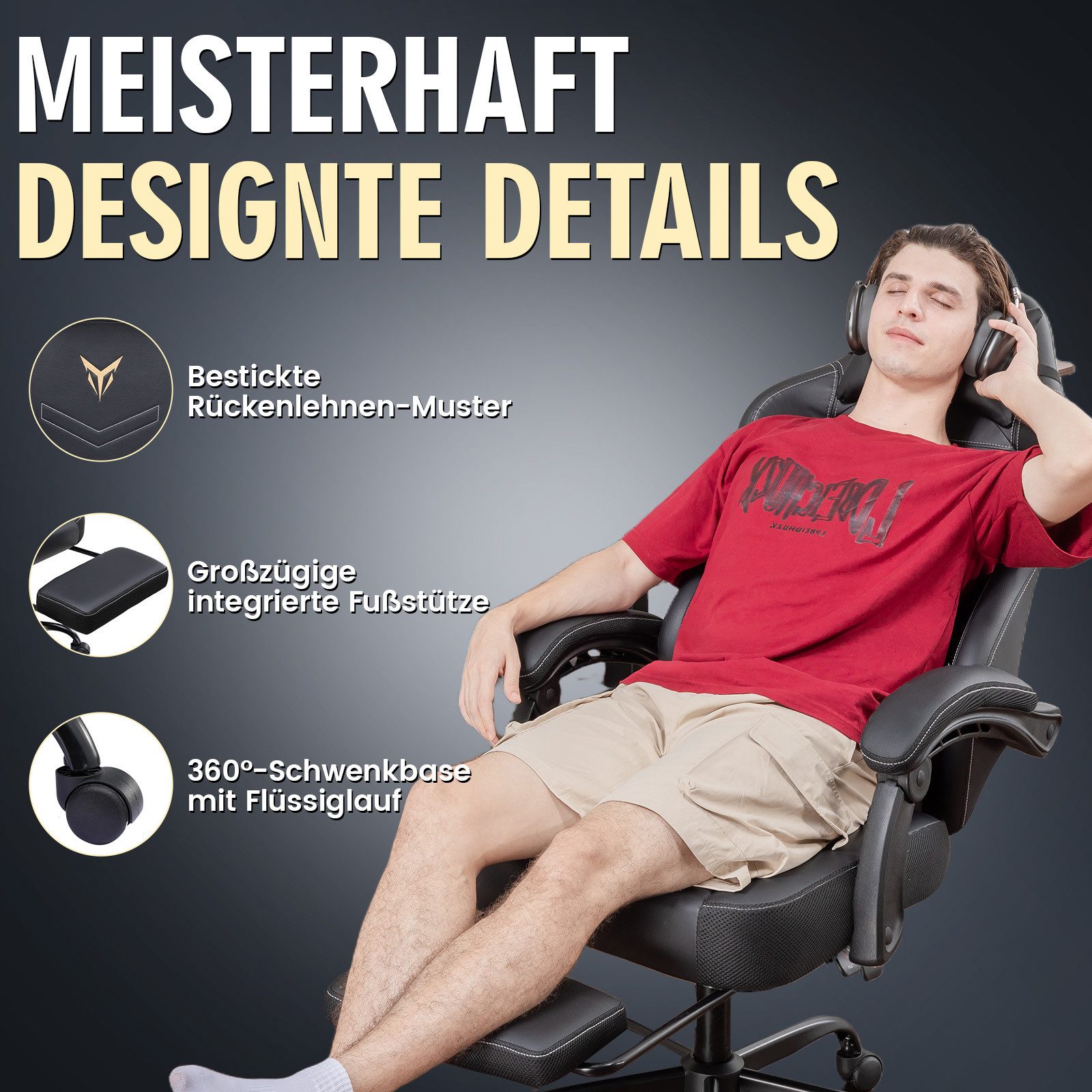GTPLAYER Gaming-Stuhl ergonomischer Bürostuhl Gamer Sessel 150KG, Mit Fußstütze und Verbindungsrmlehne höhenverstellbar Kopfstütze – Bild 5 von 5