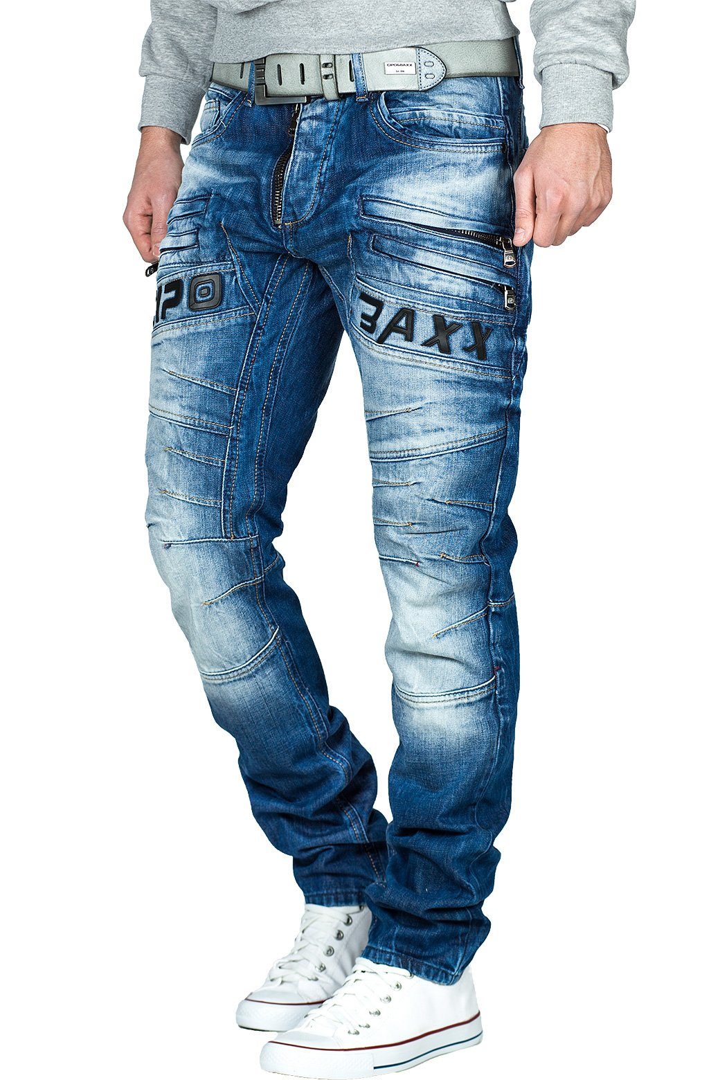 mit Cipo Schriftzug diversen und BA-CD491 Zippern & Regular-fit-Jeans sichtbaren Freizeithose Zippern Baxx mit
