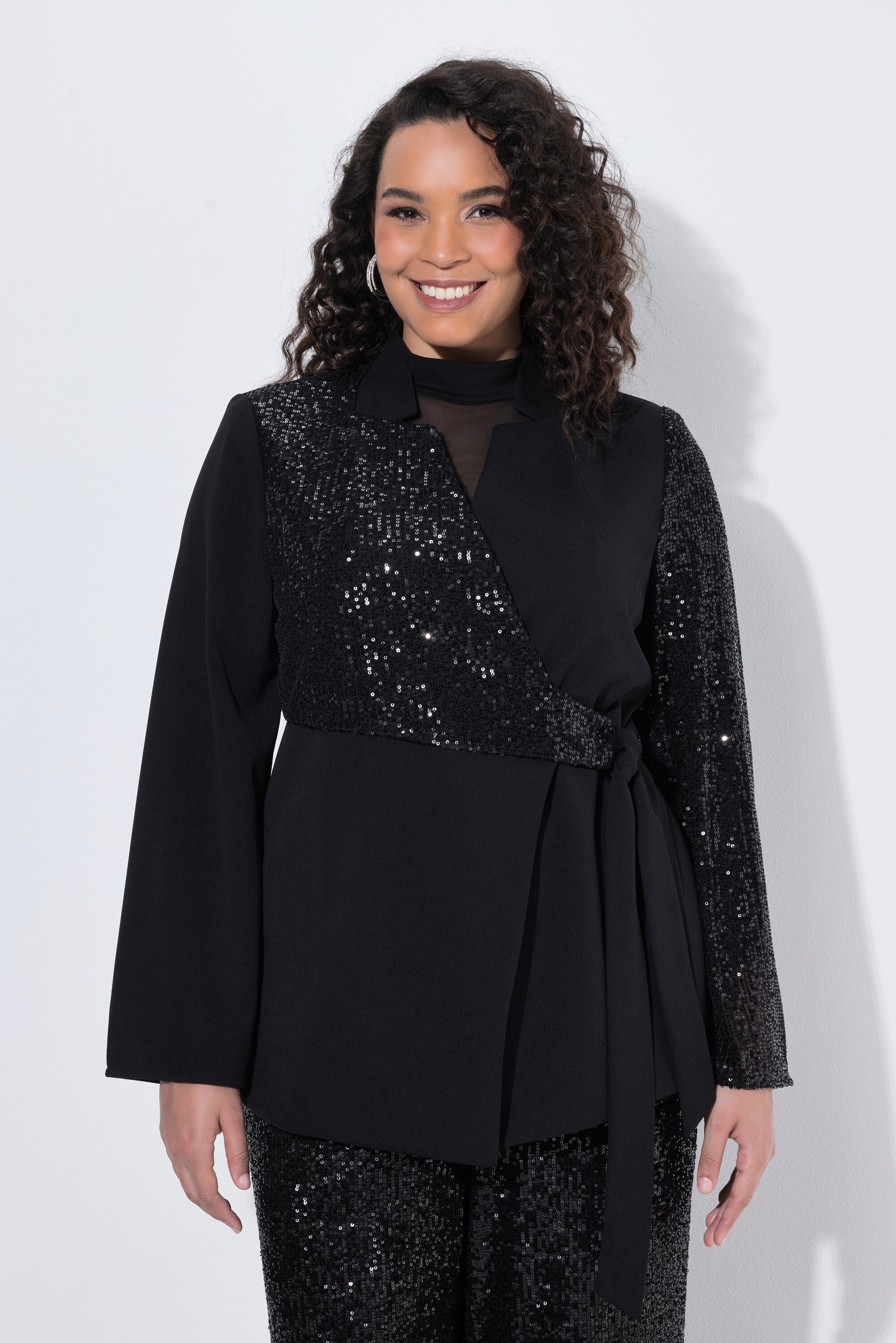 Ulla Popken Blusenblazer Blazer Pailletten Reverskragen Wickeloptik Langarm