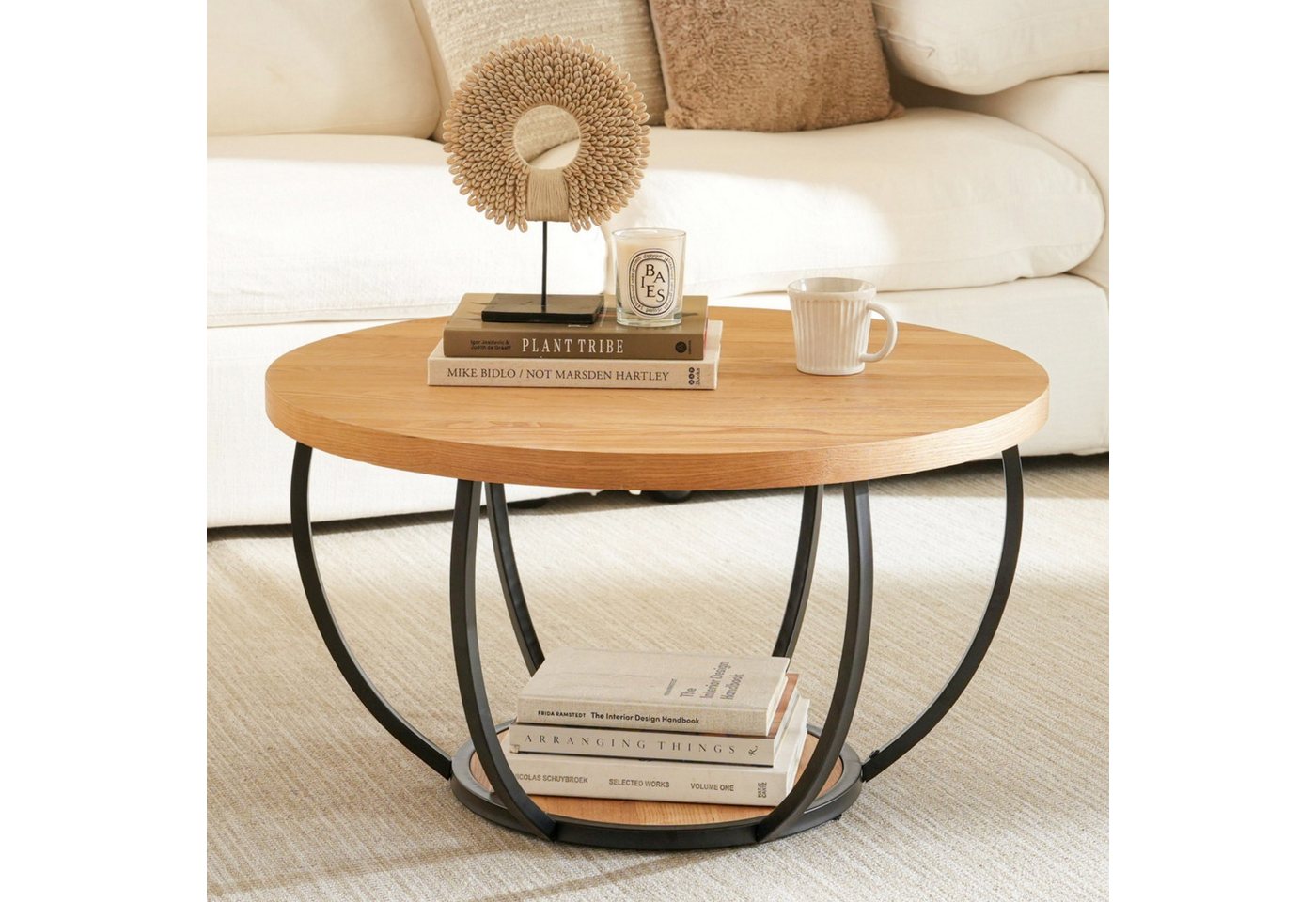 Cagnolier Couchtisch runder Couchtisch Ø80 cm mit Stauraum, 2 Ebenen (1-St), Wohnzimmertisch aus Holz für Sofa, modern & schlicht in Natur