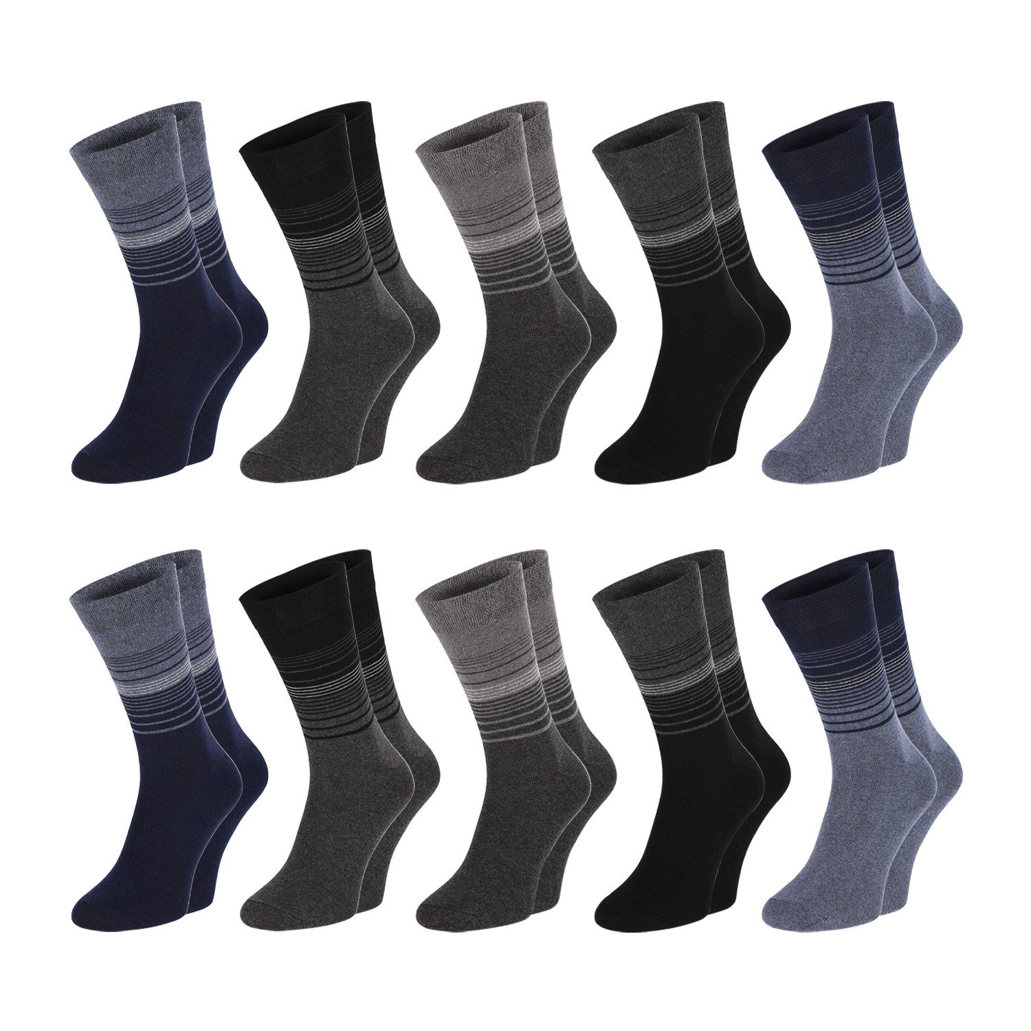 Chili Lifestyle Basicsocken Streifen Baumwollsocken Damen Herren Langsocken schwarz grau blau (Multipack, 10-Paar, 5 Farbdesigns) Weichbund ohne Gummidruck