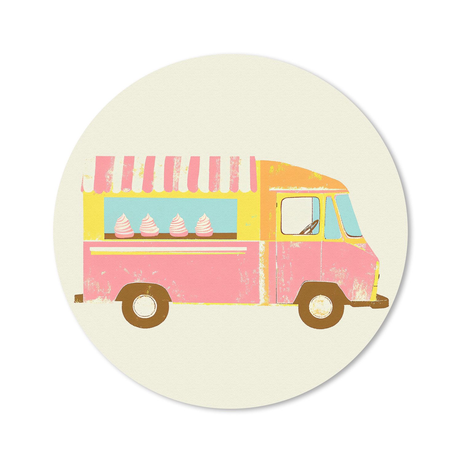 MuchoWow Mauspad Eiscreme-Wagen - Retro - Softeis - Rosa (1-St), Gaming, Rutschfester Unterseite, Mausunterlage, Rund 50x50 cm