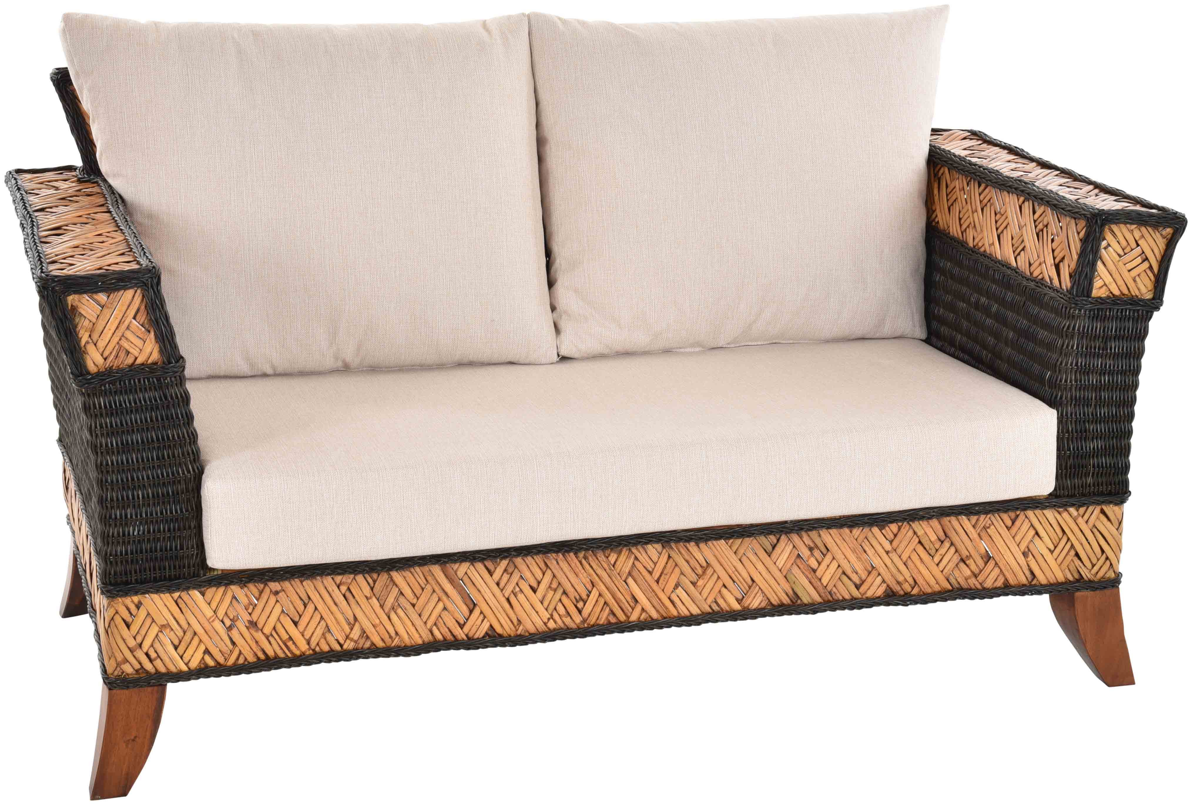 Krines Home Loungesofa Rattansofa Elegance´ Zweisitzer Wohnzimmersofa Rattancouch Korbsofa, Flechtsofa mit breiten Armlehnen 2x Rückenkissen