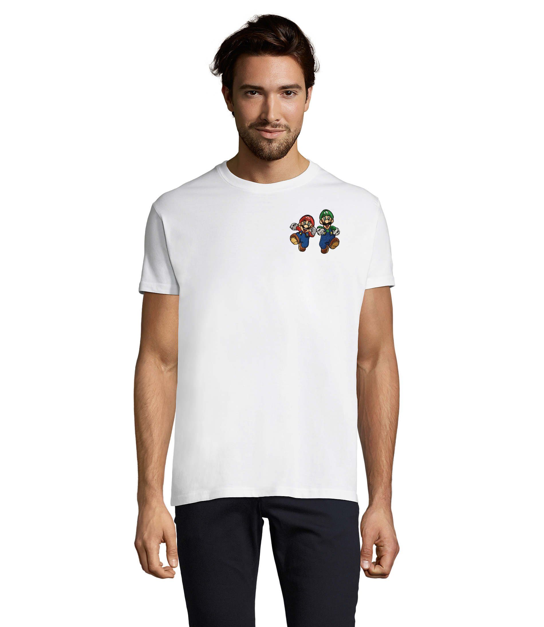 Blondie & Brownie T-Shirt Herren bestickt Peach Mario Konsole Brust & Luigi Gaming Weiß Stick Nintendo