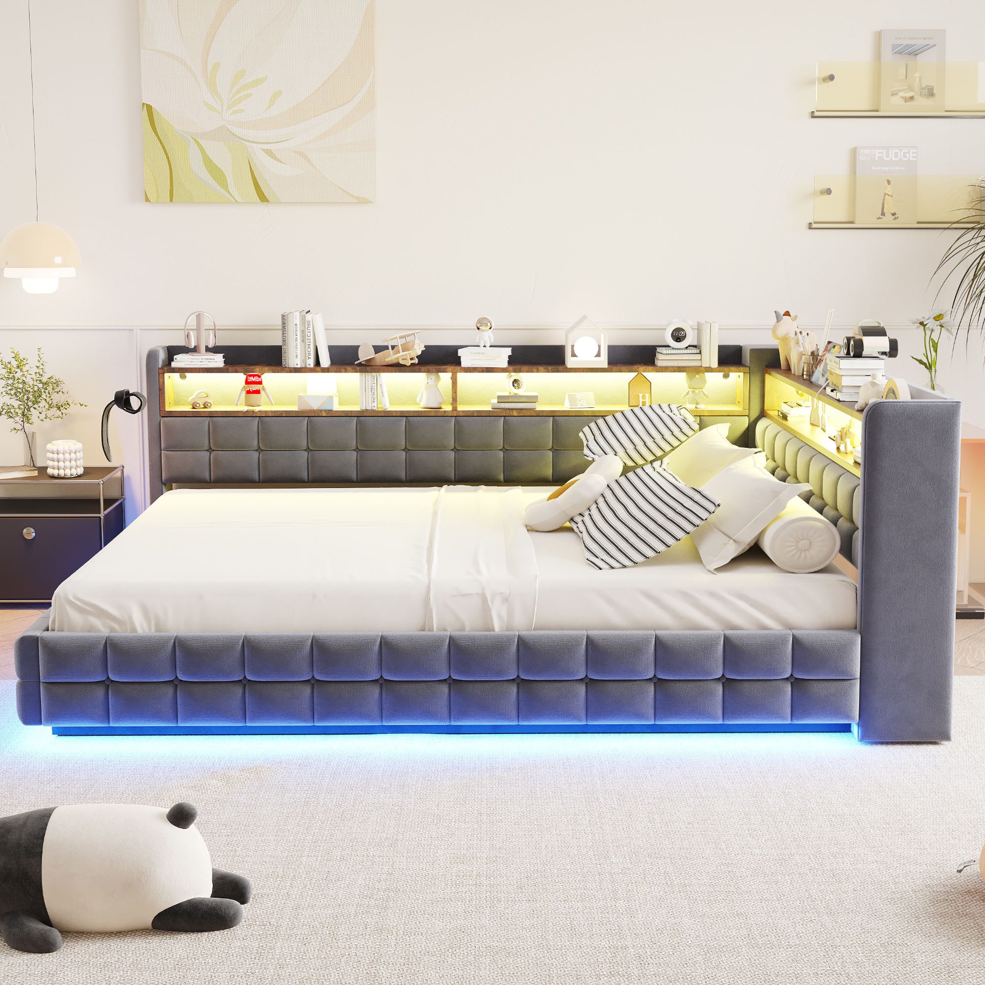 Merax Daybett Polsterbett mit LED-Lichtleiste, Steckdose und USB & Typ-C Anschlüssen (Jugendbett Einzelbett Sofabett, 1 tlg), Tagesbett 140x200cm mit hydraulisc – Bild 2 von 5
