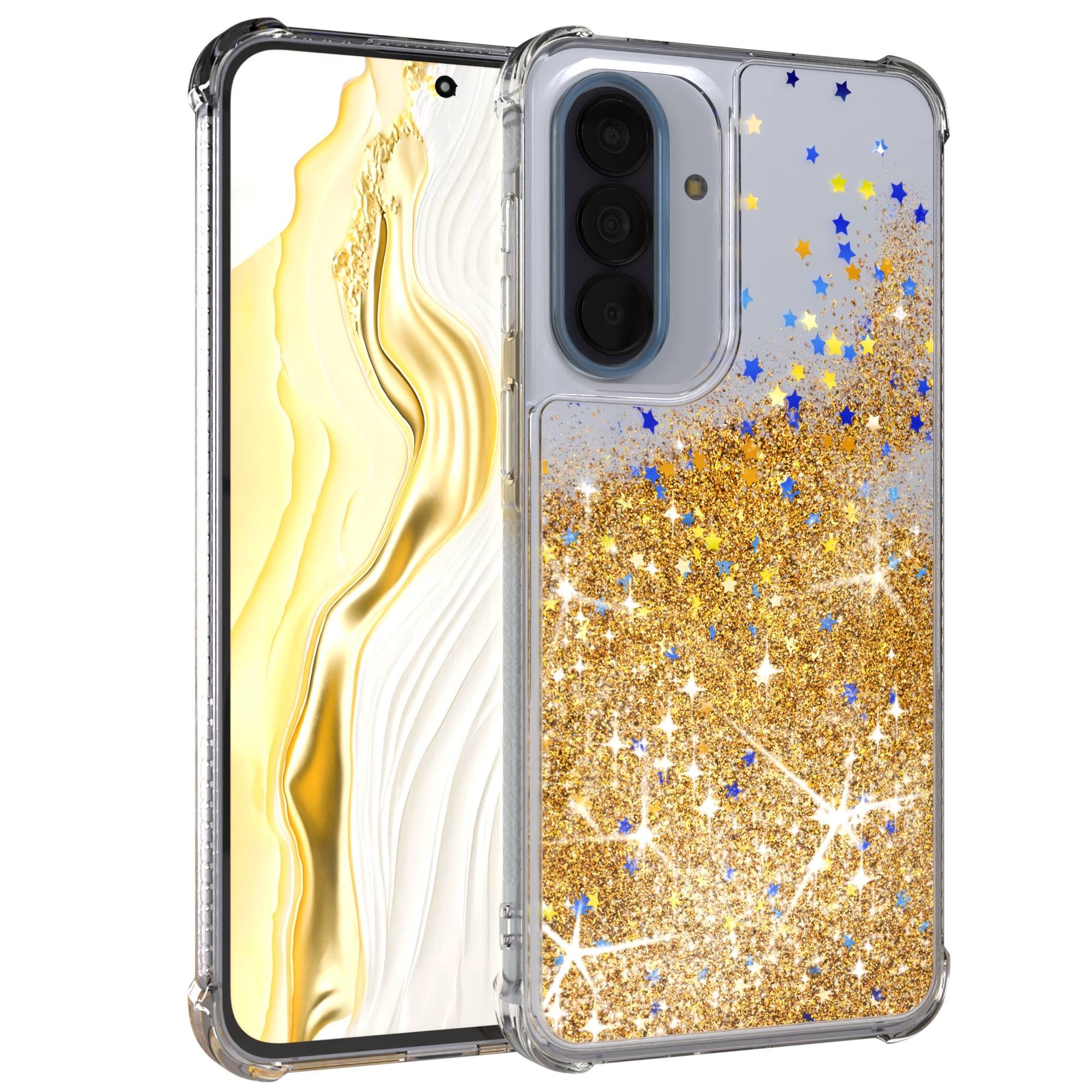 EAZY CASE Handyhülle Liquid Glittery Case für Samsung Galaxy A57 6,7 Zoll, Durchsichtig Back Case Handy Softcase Silikonhülle Glitzer Cover Gold