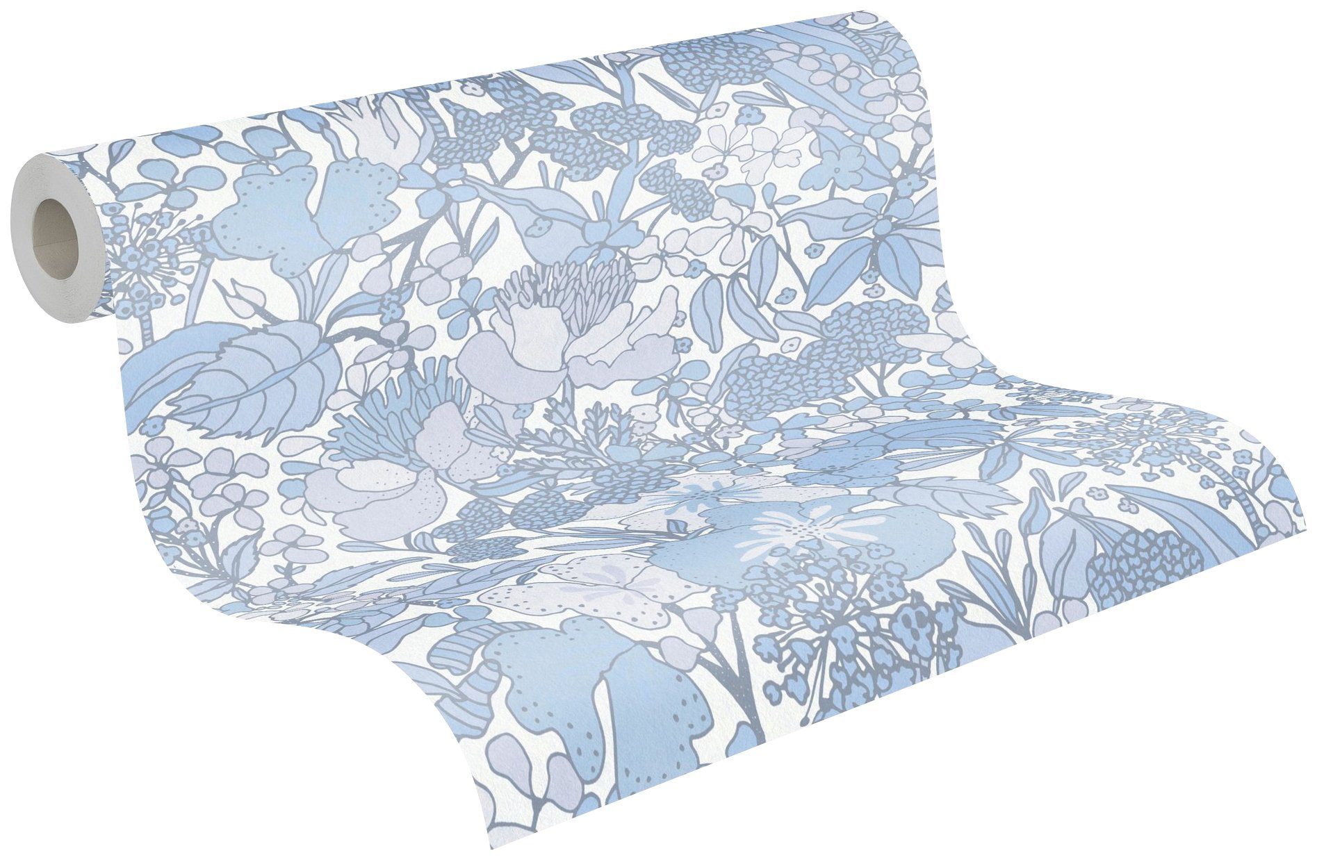Vliestapete Tapete botanisch, Architects Impression, floral, Dschungel grau/blau/weiß Blumentapete Paper Floral glatt,