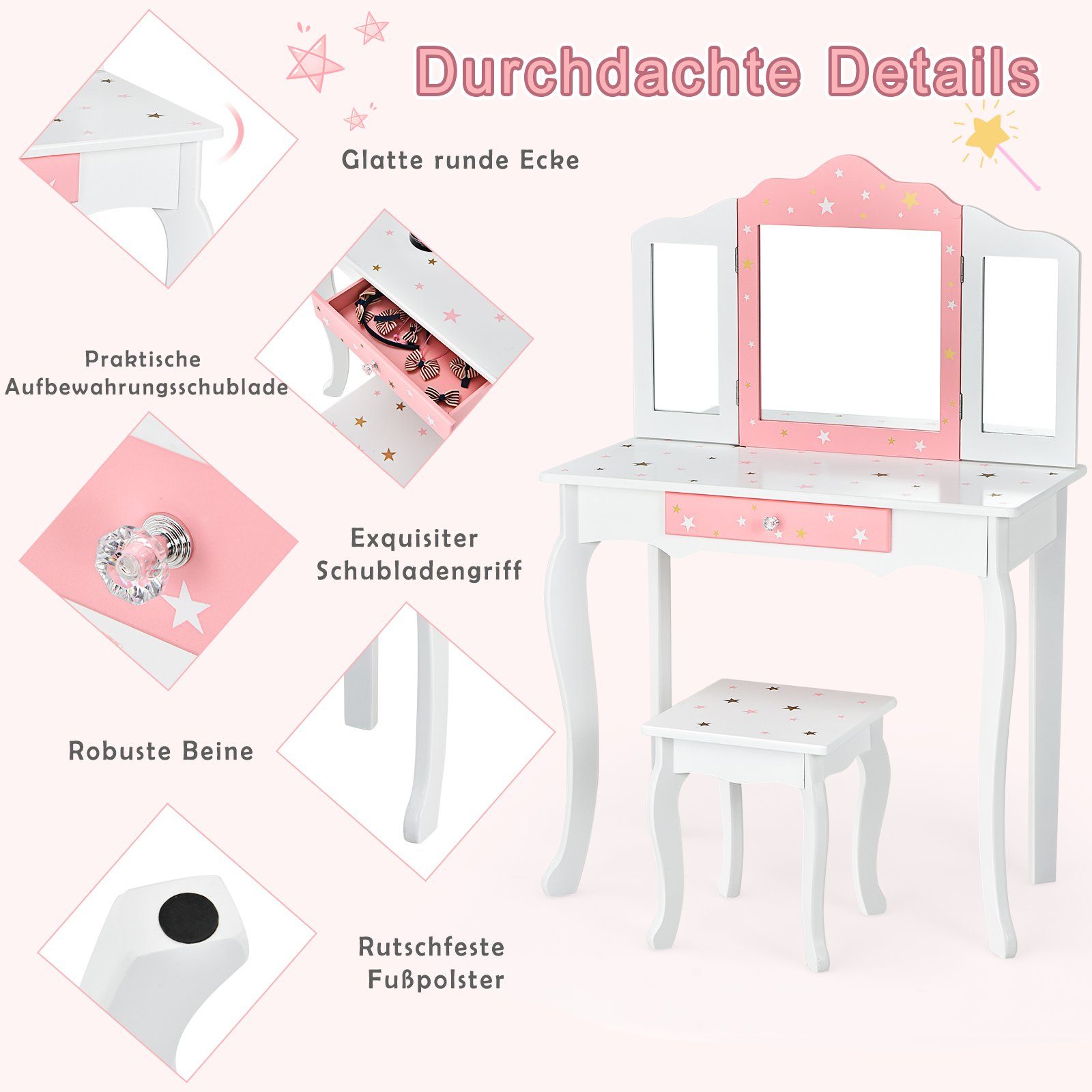 COSTWAY Schminktisch (mit Hocker), mit klappbaren Spiegel & Schublade