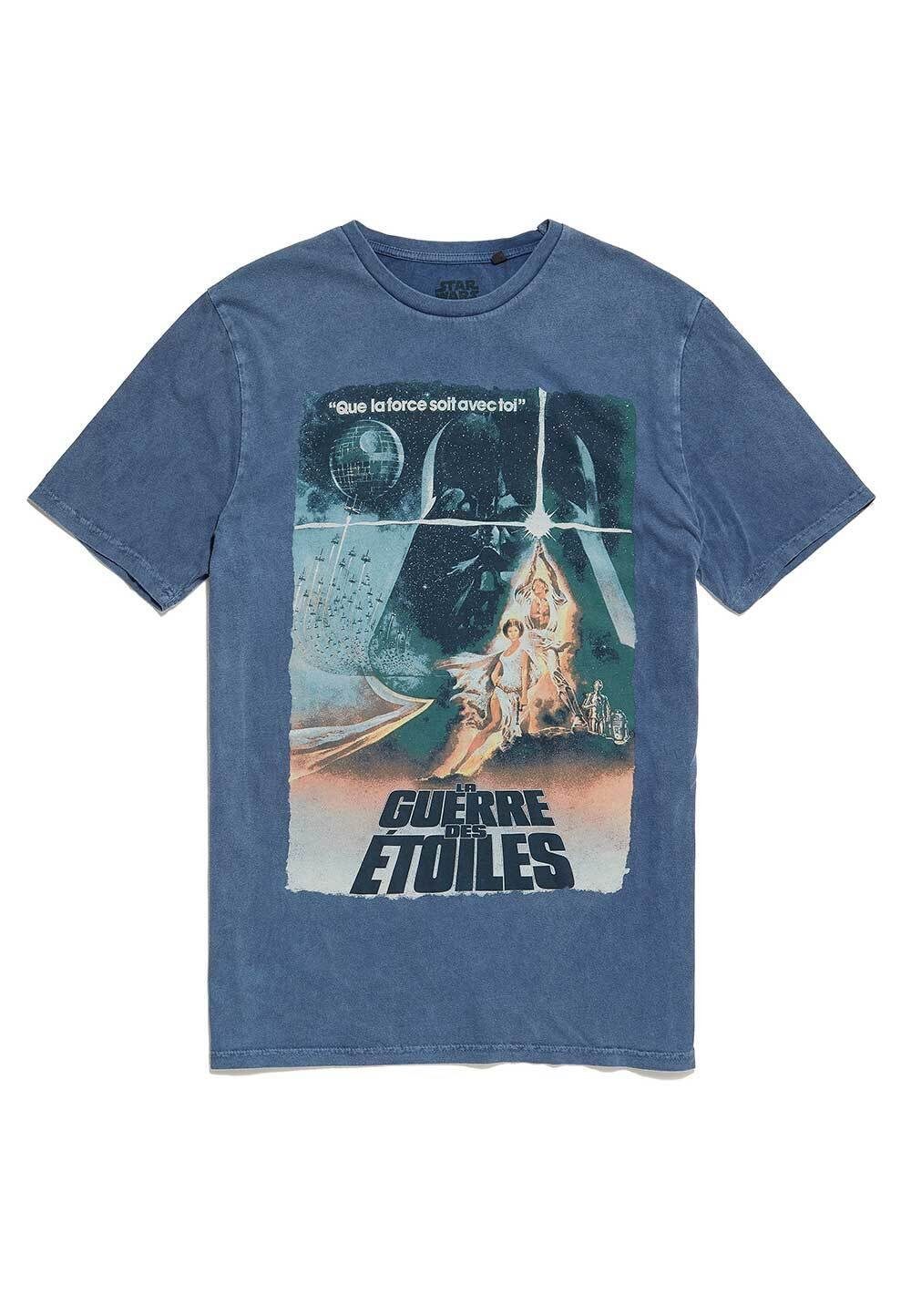 Recovered T-Shirt Vintage Star Wars French Poster Blue Acid Wash GOTS zertifizierte Bio-Baumwolle